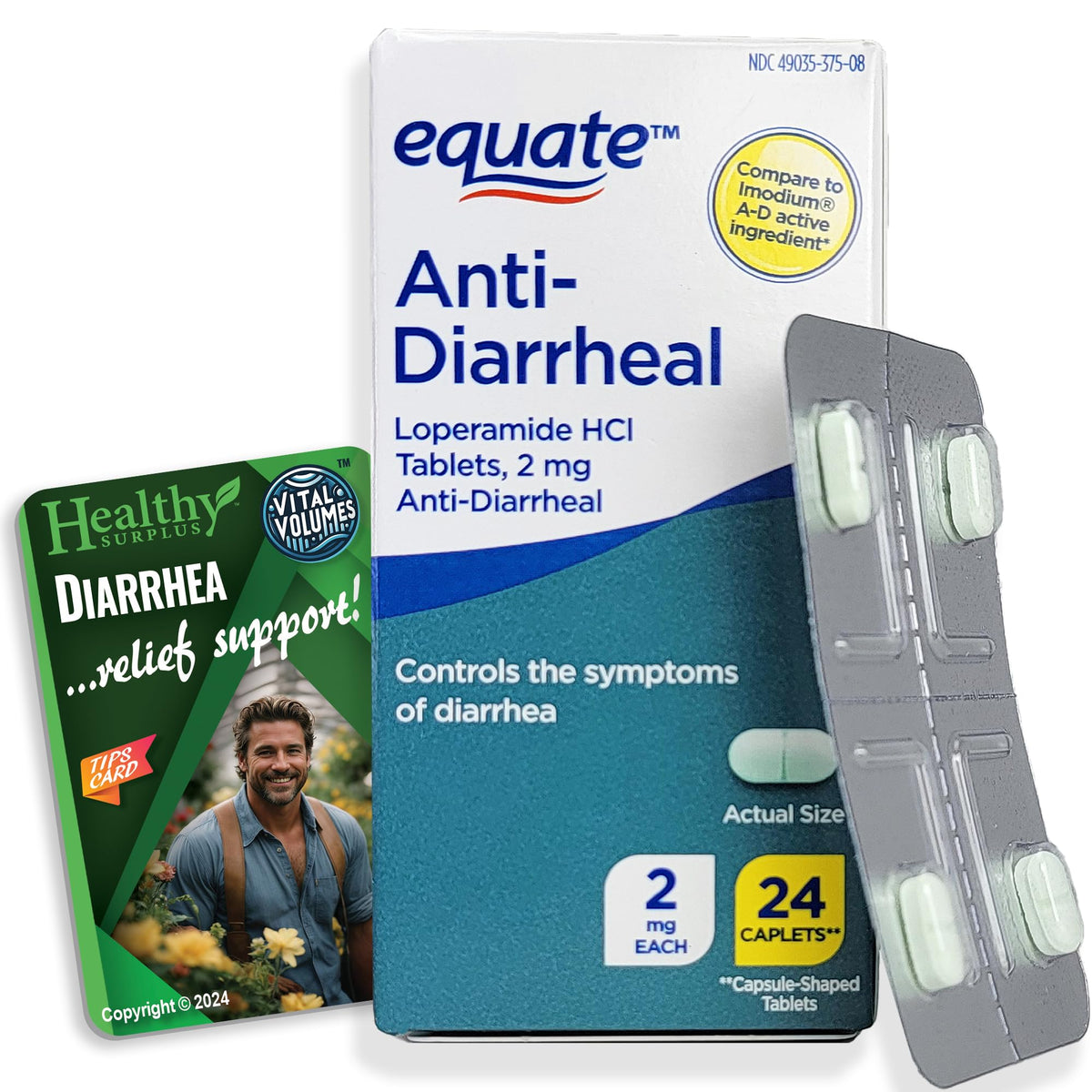 Healthy Surplus Equate Loperamida 2 mg, envase con 24 caplets para uso diario.