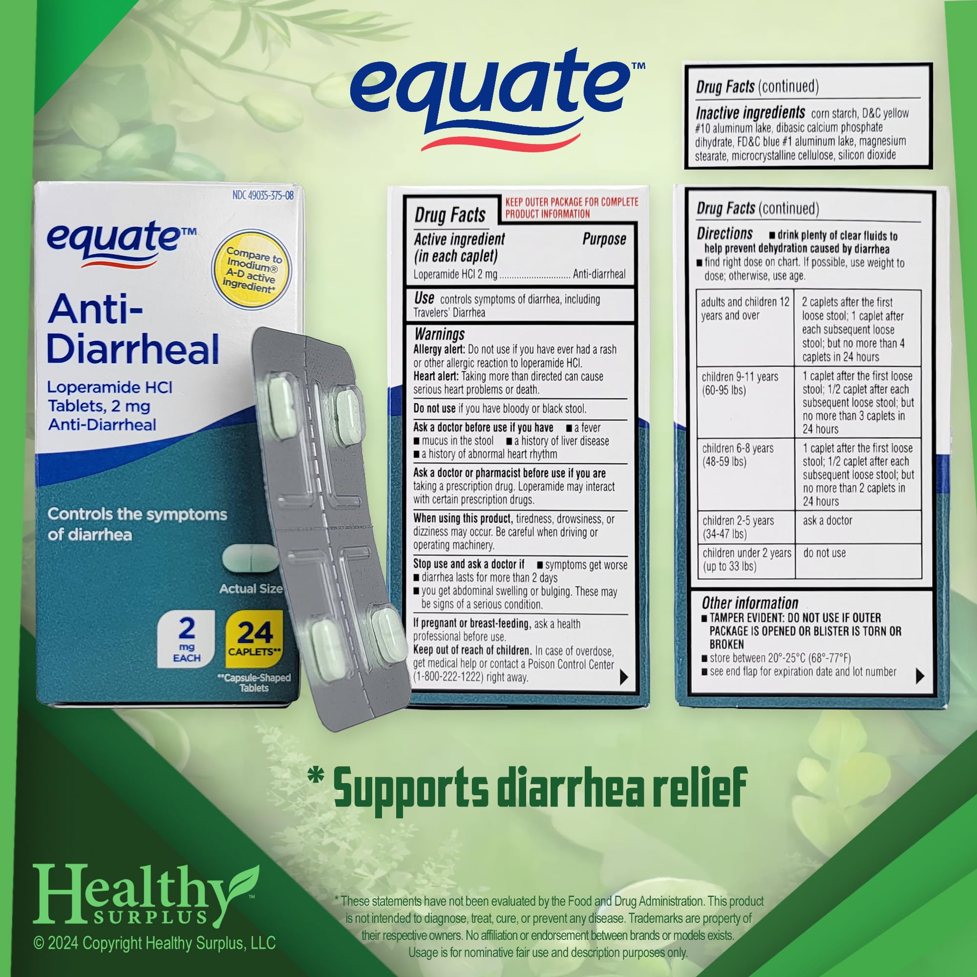 Healthy Surplus Equate Loperamida 2 mg, empaque seguro para llevar en viajes.