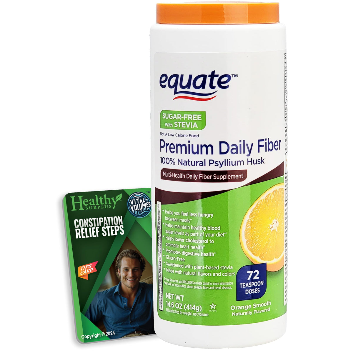 Healthy Surplus Equate fibra diaria psyllium, envase naranja, ideal para uso diario.