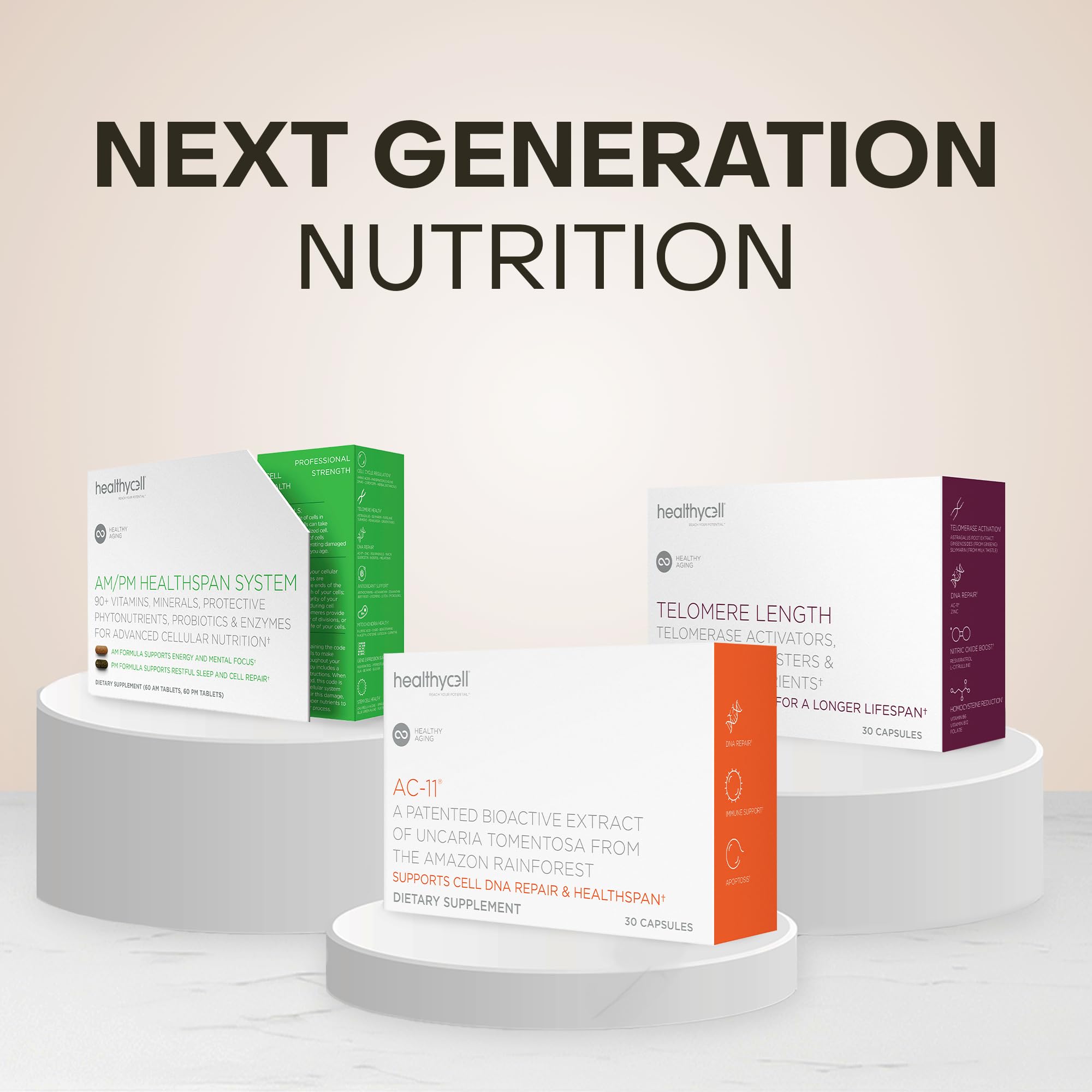 HealthyCell AM/PM Healthspan, botella mostrando dosis, facilita la planificación de suplementación.
