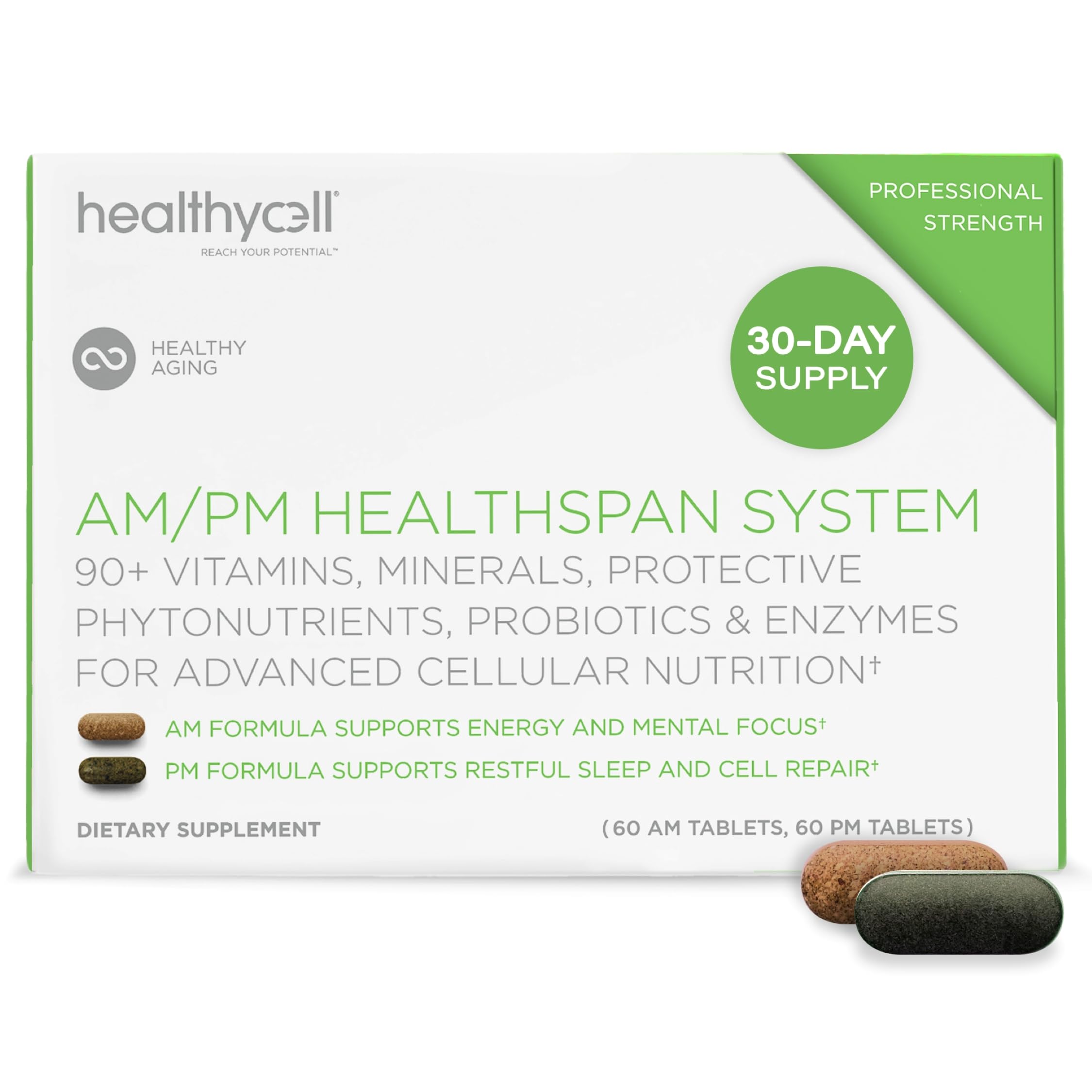 HealthyCell AM/PM Healthspan, tabletas de mañana, apoyo a la nutrición celular diaria.