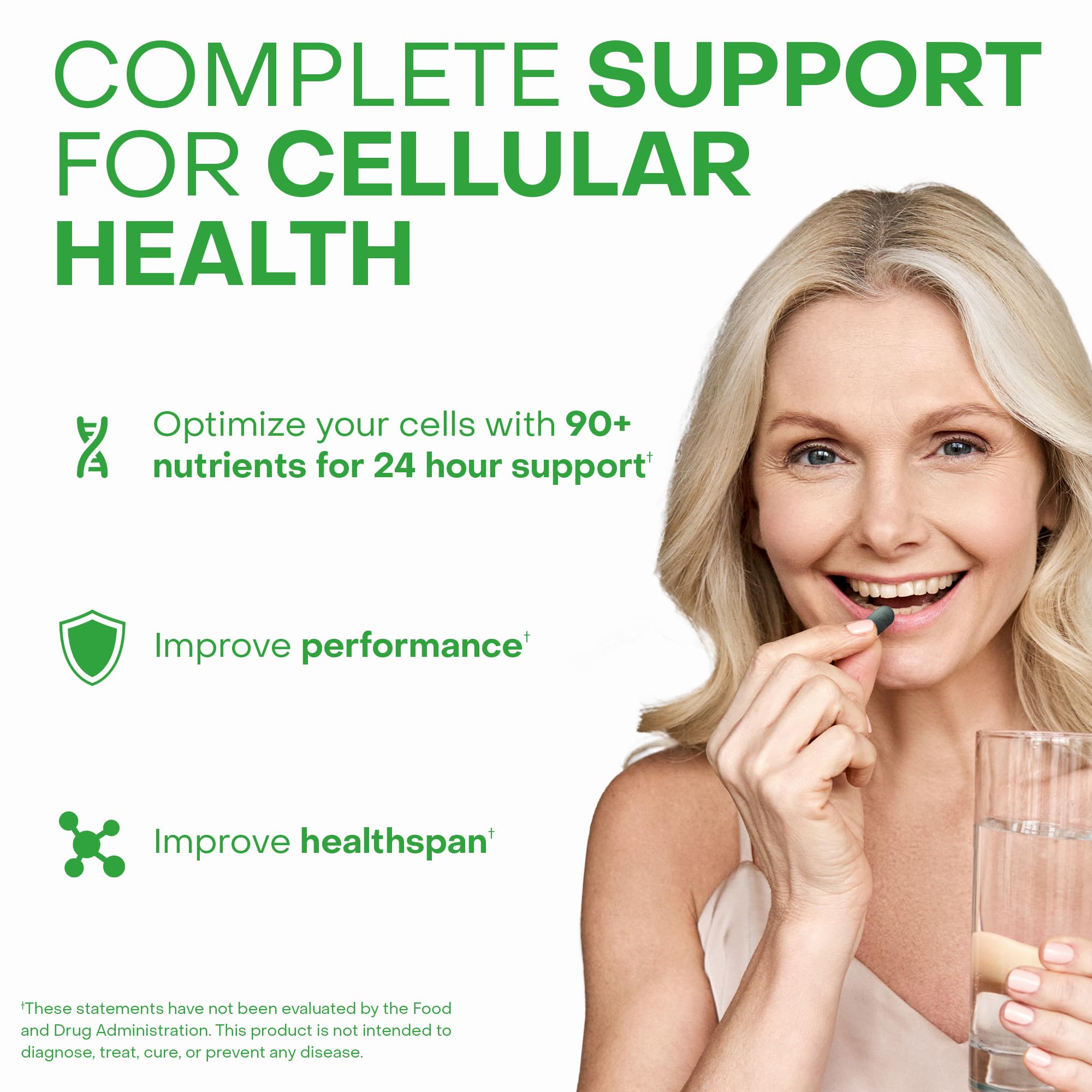 HealthyCell AM/PM Healthspan, tabletas de noche, favorece reparación celular y descanso nocturno.