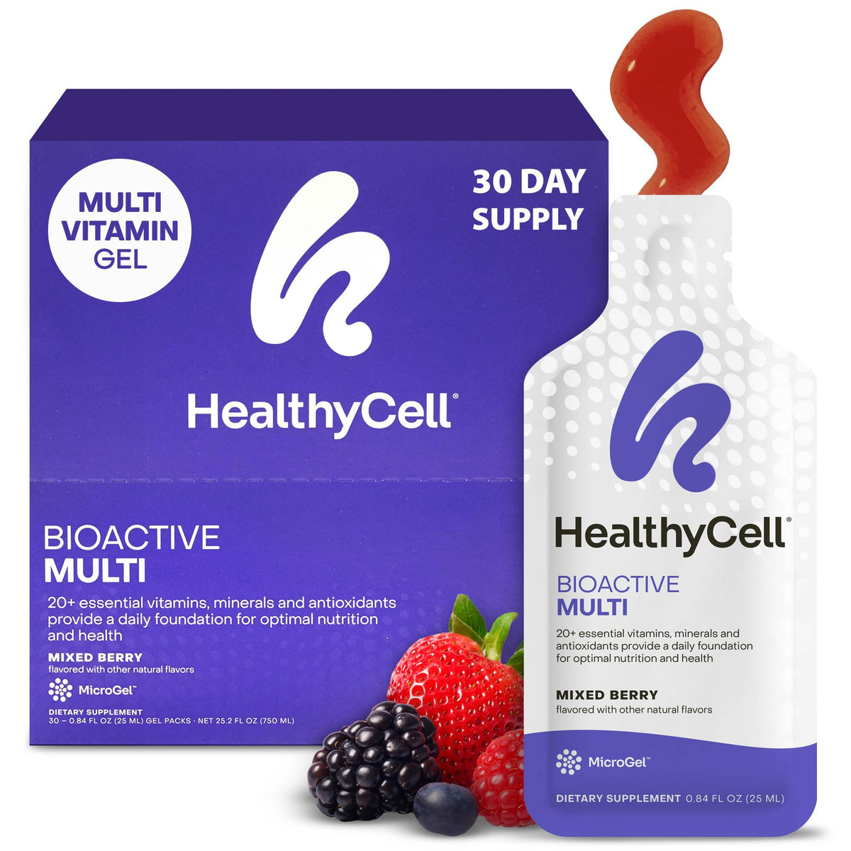 HealthyCell Bioactive multivitamínico líquido en gel para nutrición diaria.
