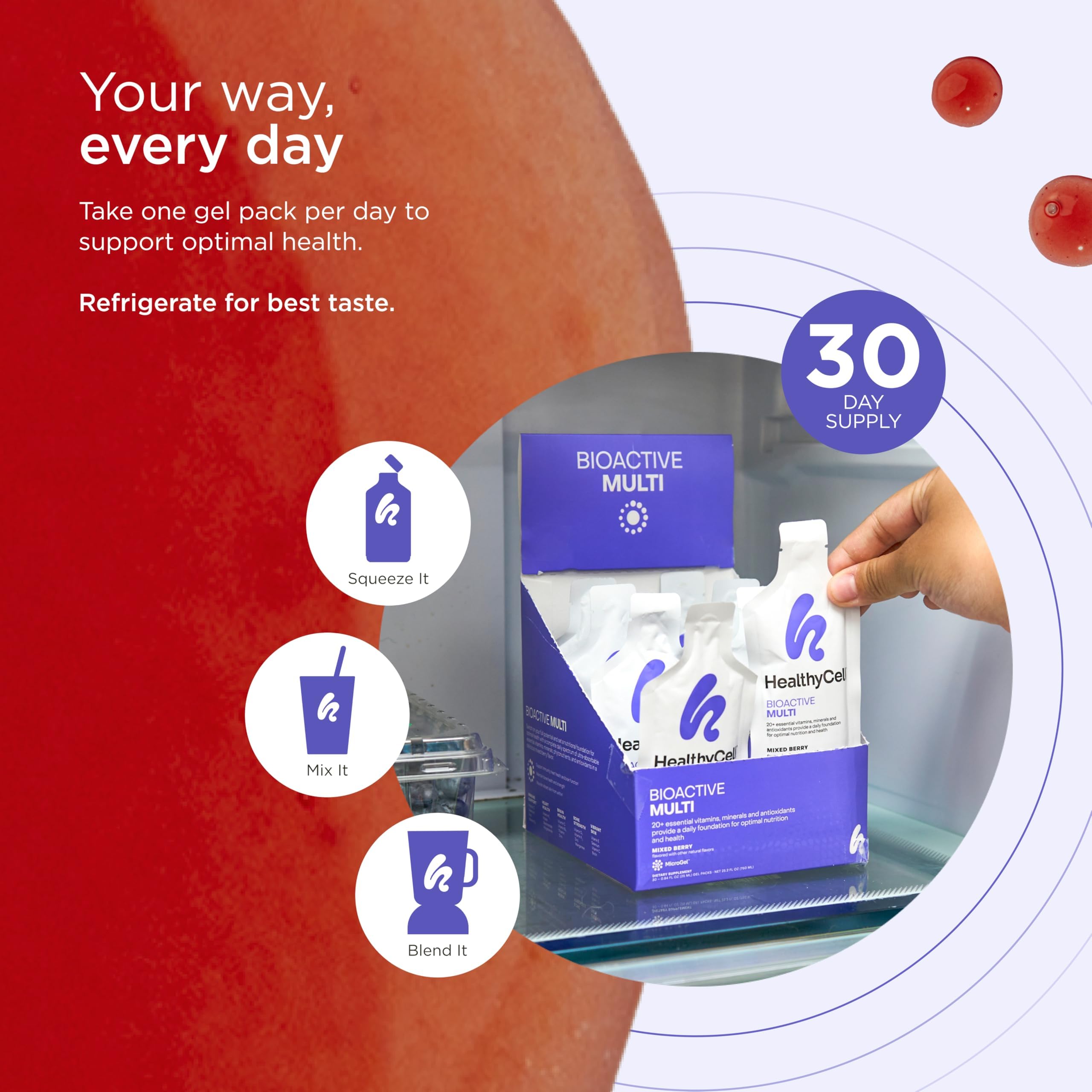 Formato gel práctico para tomar HealthyCell Bioactive en cualquier lugar.