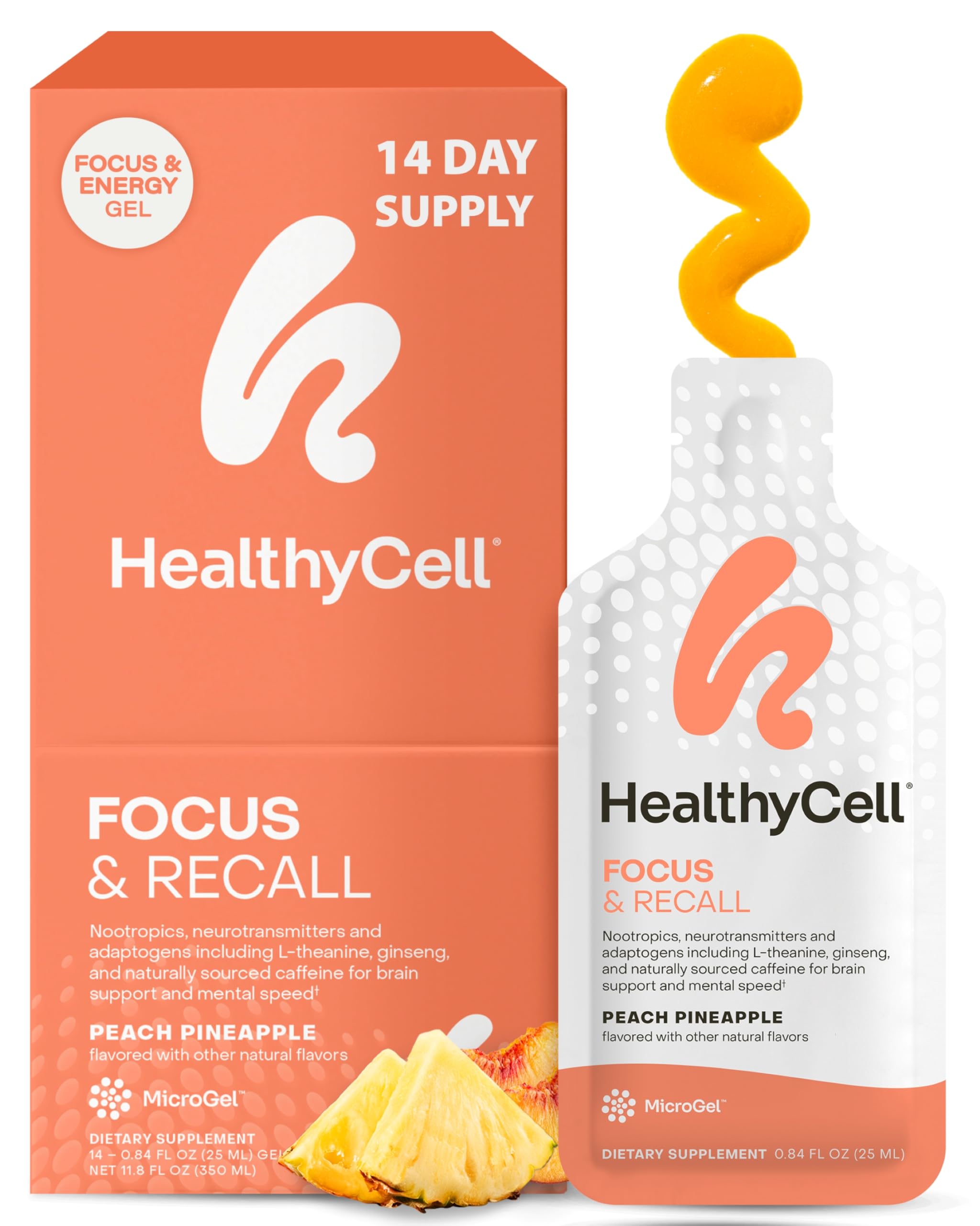 Healthycell Focus & Recall, paquete gel en la mano para concentración diaria.