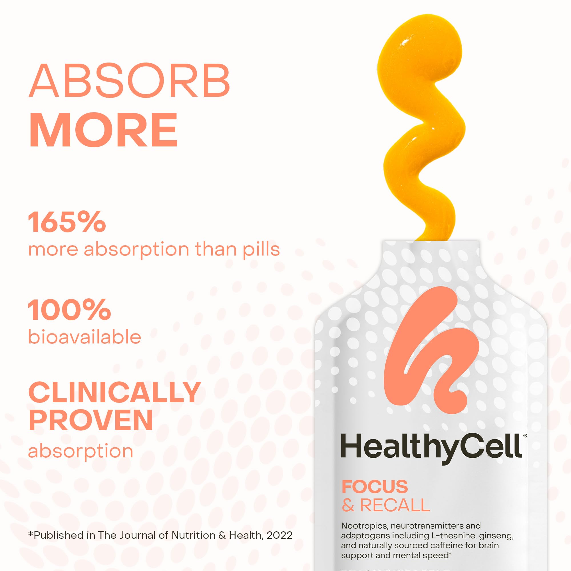 Healthycell Focus & Recall, sabor durazno piña ideal para enfoque diario.