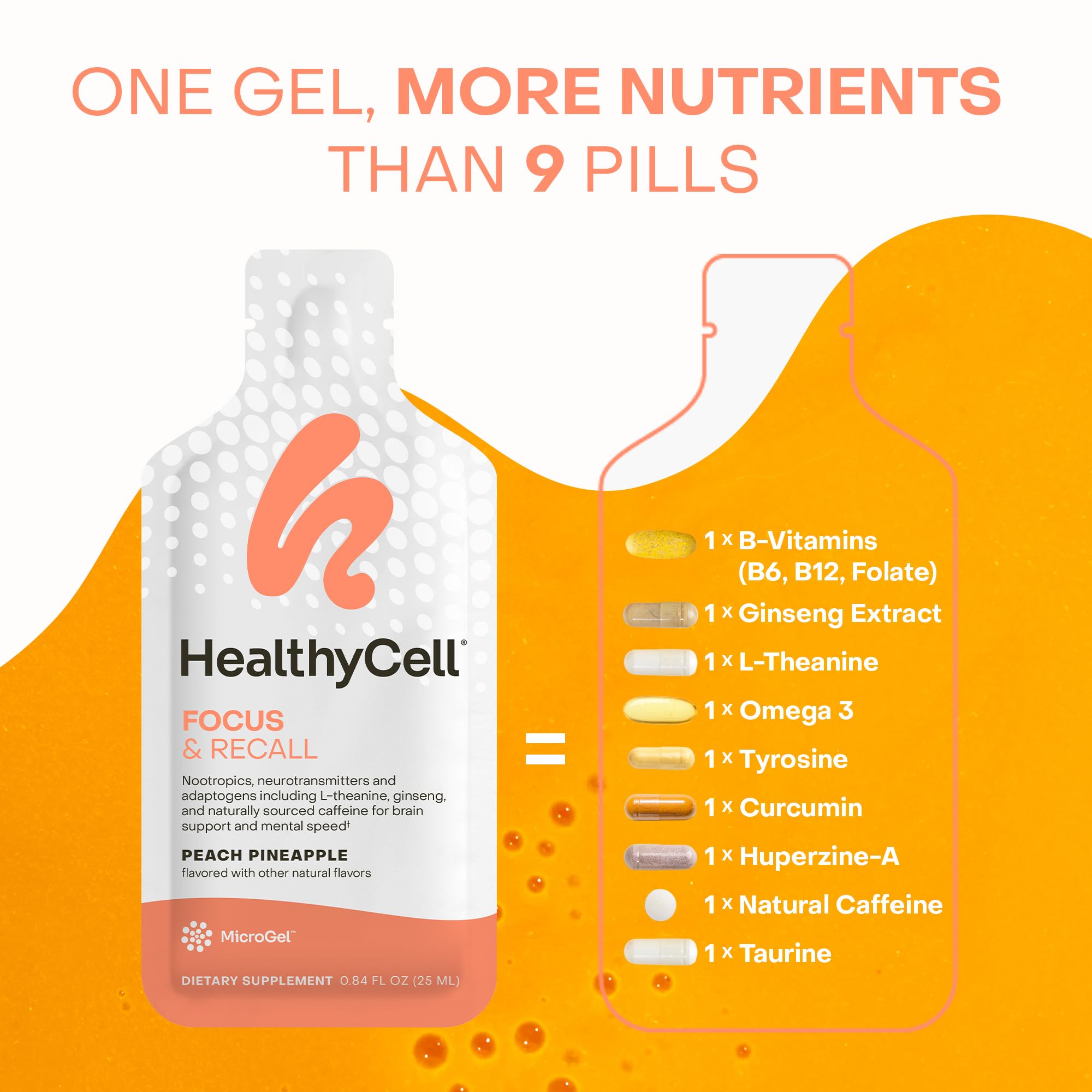 Healthycell Focus & Recall, textura suave de microgel para tragar fácilmente.