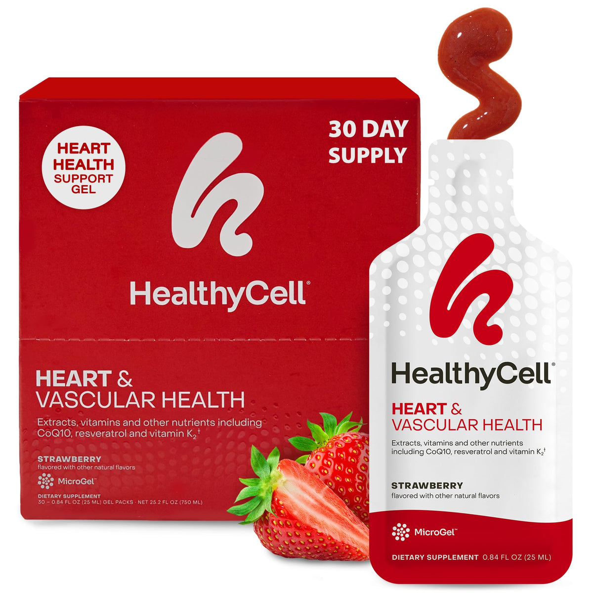 HealthyCell Heart and Vascular bottle pour demonstrates convenient daily dose for cardiovascular support.