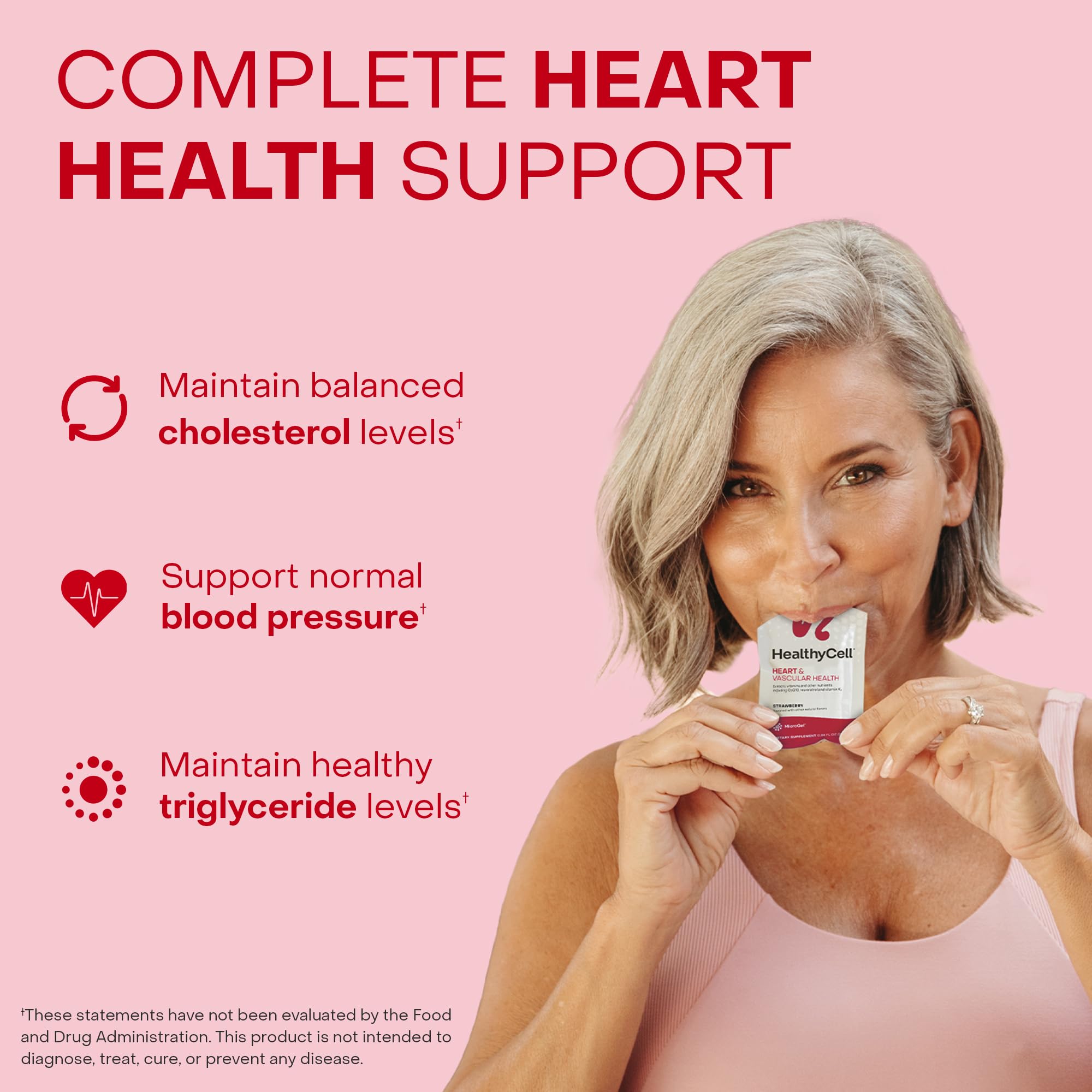 HealthyCell Heart and Vascular gel pack in hand suggests on-the-go convenience and tasty daily use.