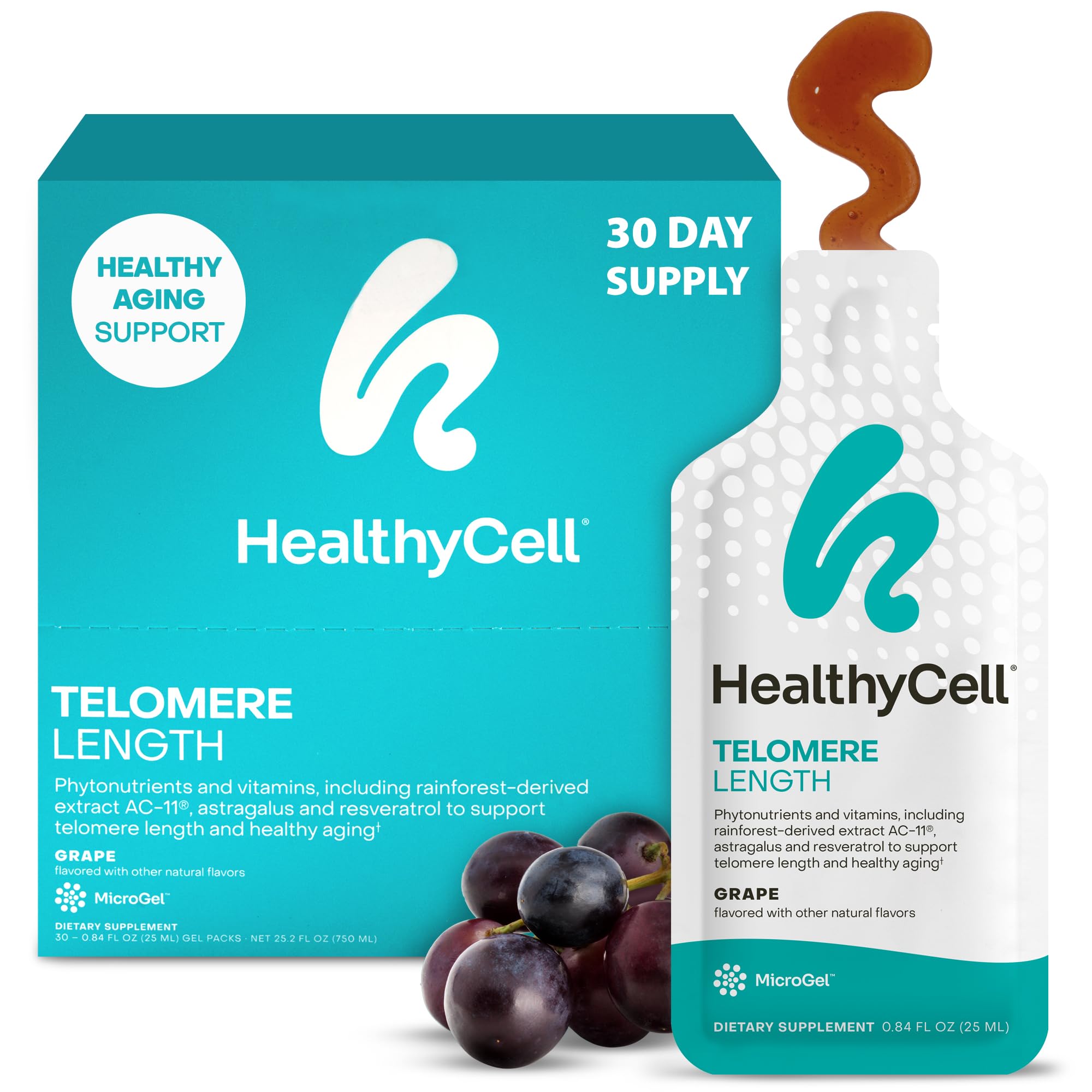 HealthyCell Telomere Length: empaque de gel uva, práctico para uso diario.