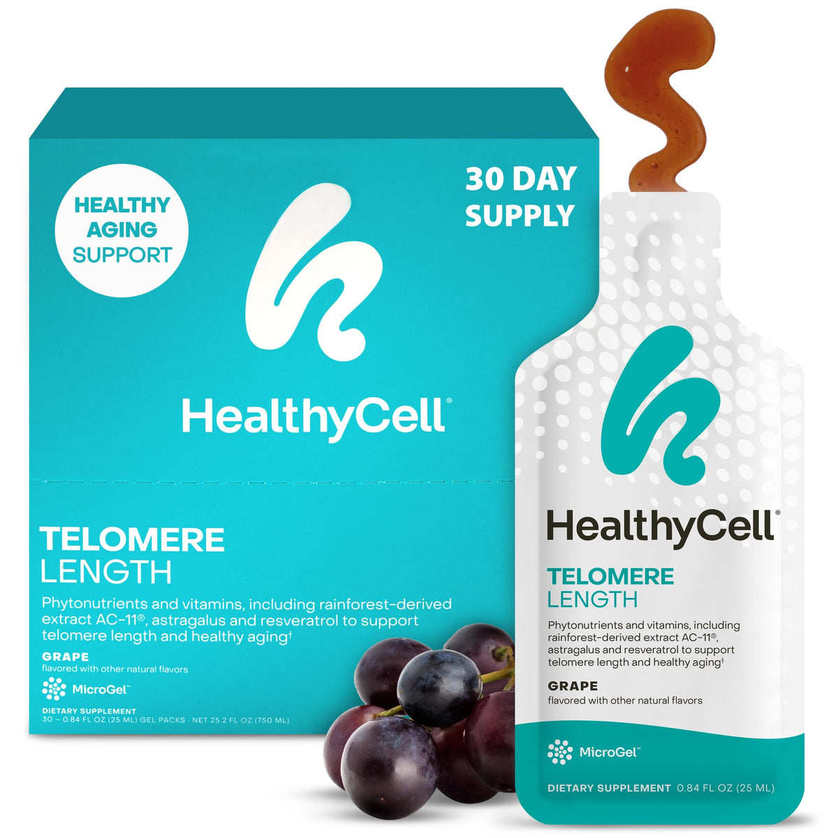 HealthyCell Telomere Length: empaque de gel uva, práctico para uso diario.