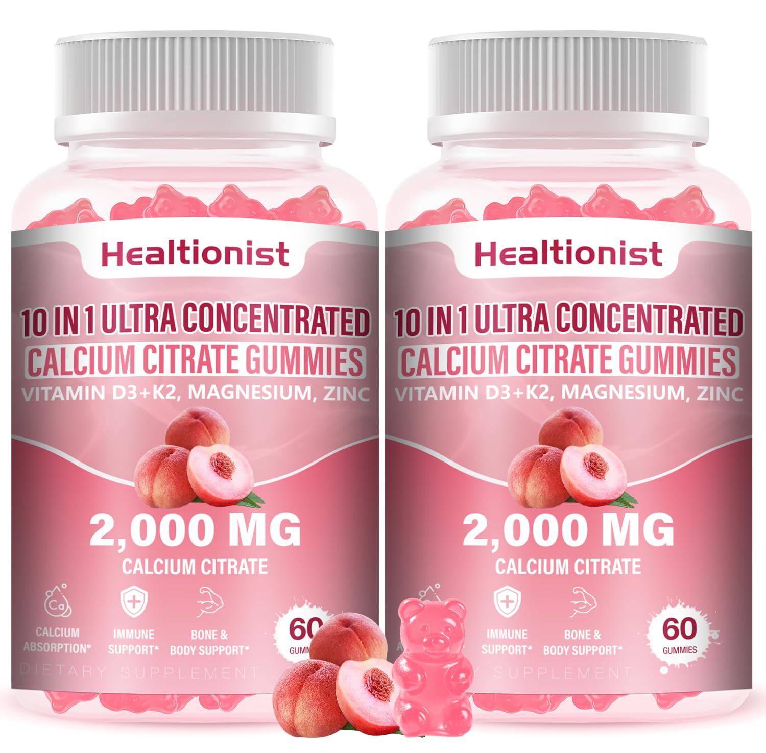 Healtionist botella de calcio citrato 2000mg, promesa de absorción eficiente.