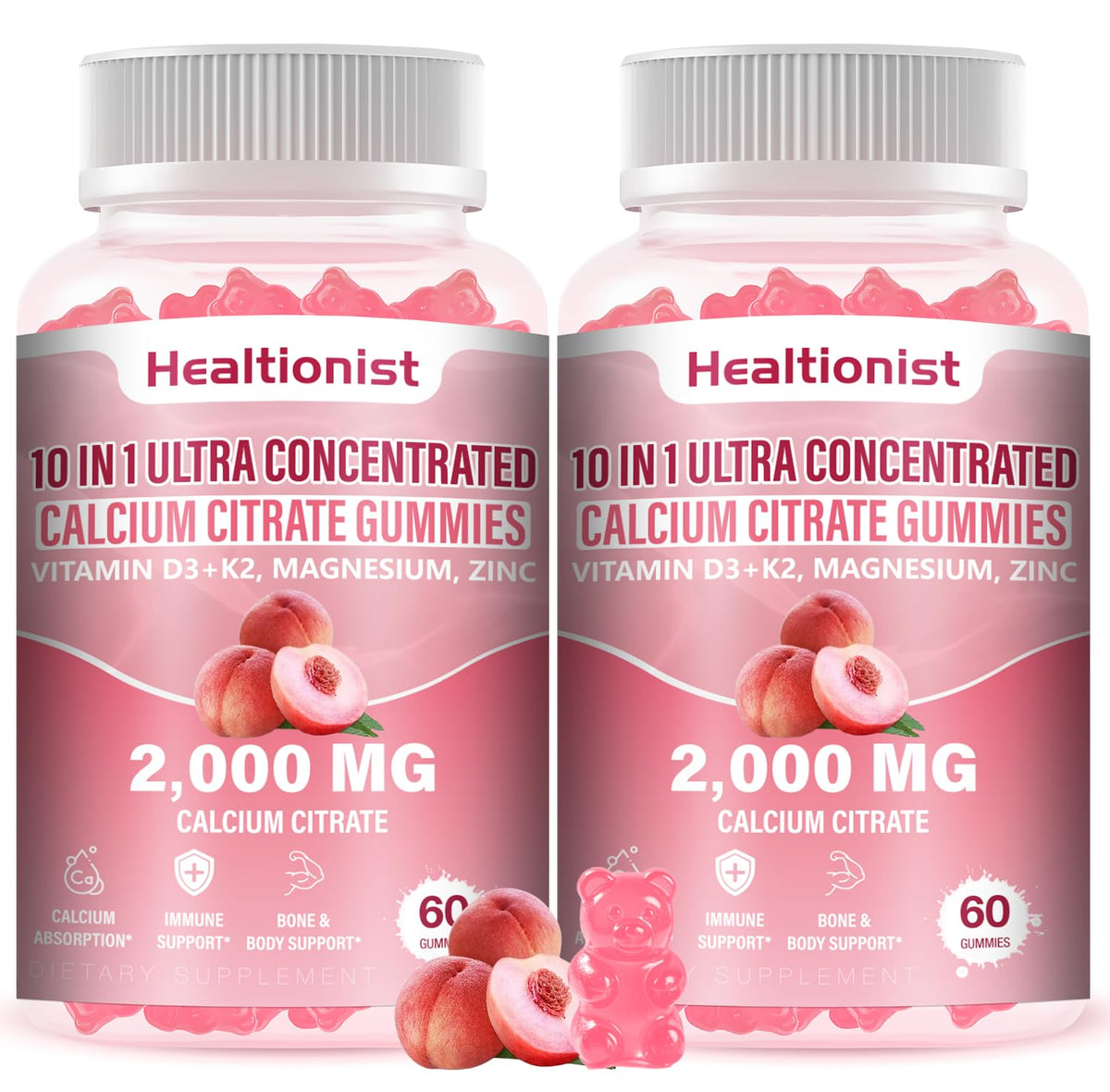Healtionist botella de calcio citrato 2000mg, promesa de absorción eficiente.
