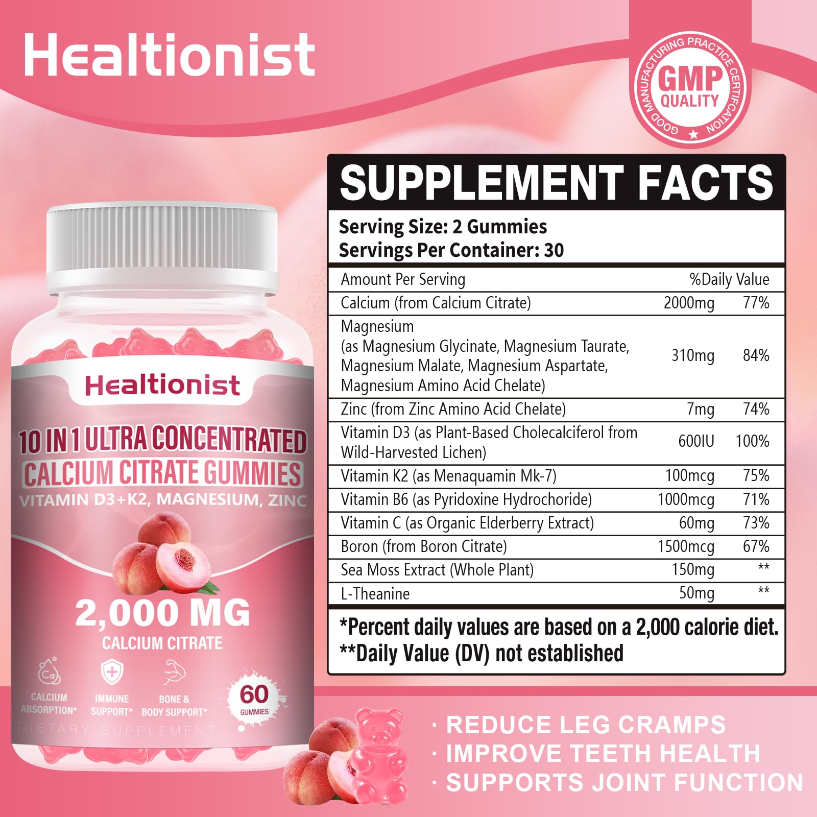 Healtionist gominolas calcio citrato, primer plano, textura masticable para apoyo diario.