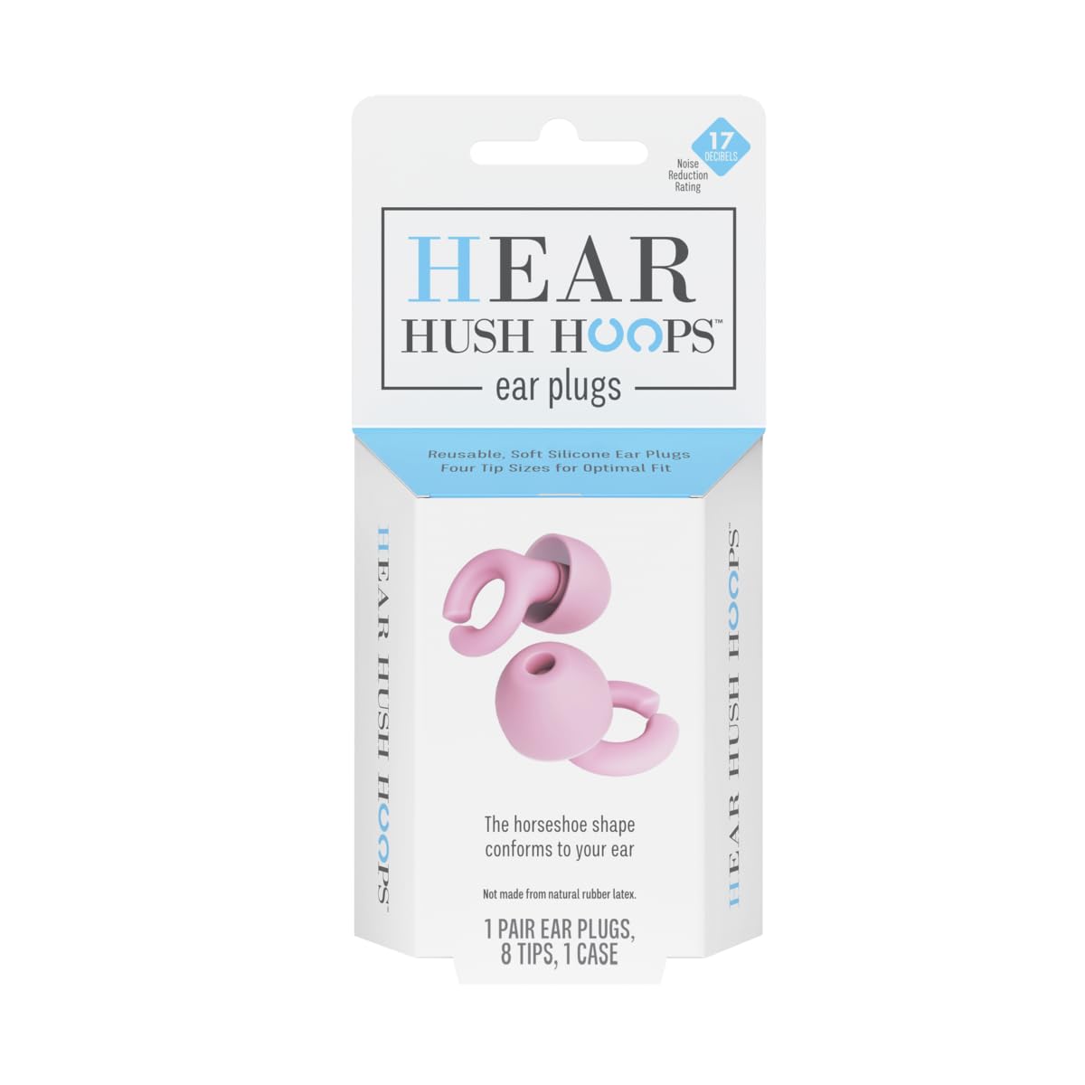 HEAR HUSH HOOPS silicona hipoalergenica reutilizable facilita limpieza y uso prolongado.
