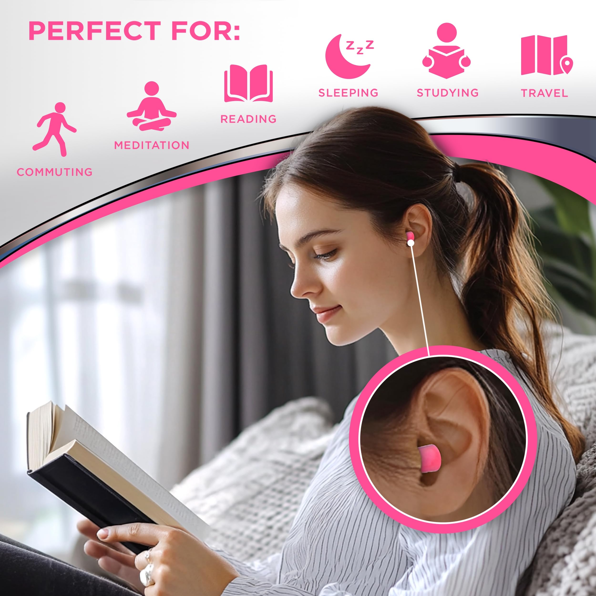 Hearos Sleep Pretty rosa: diseño suave e hipoalergénico para uso discreto.