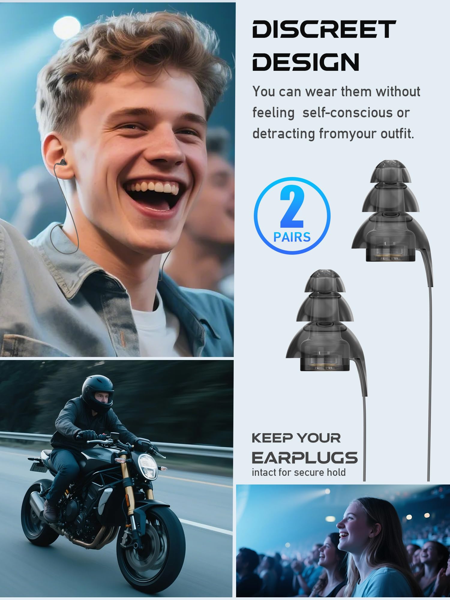 Hearprotek uso en motocicleta, protección auditiva discreta para viajar con seguridad.