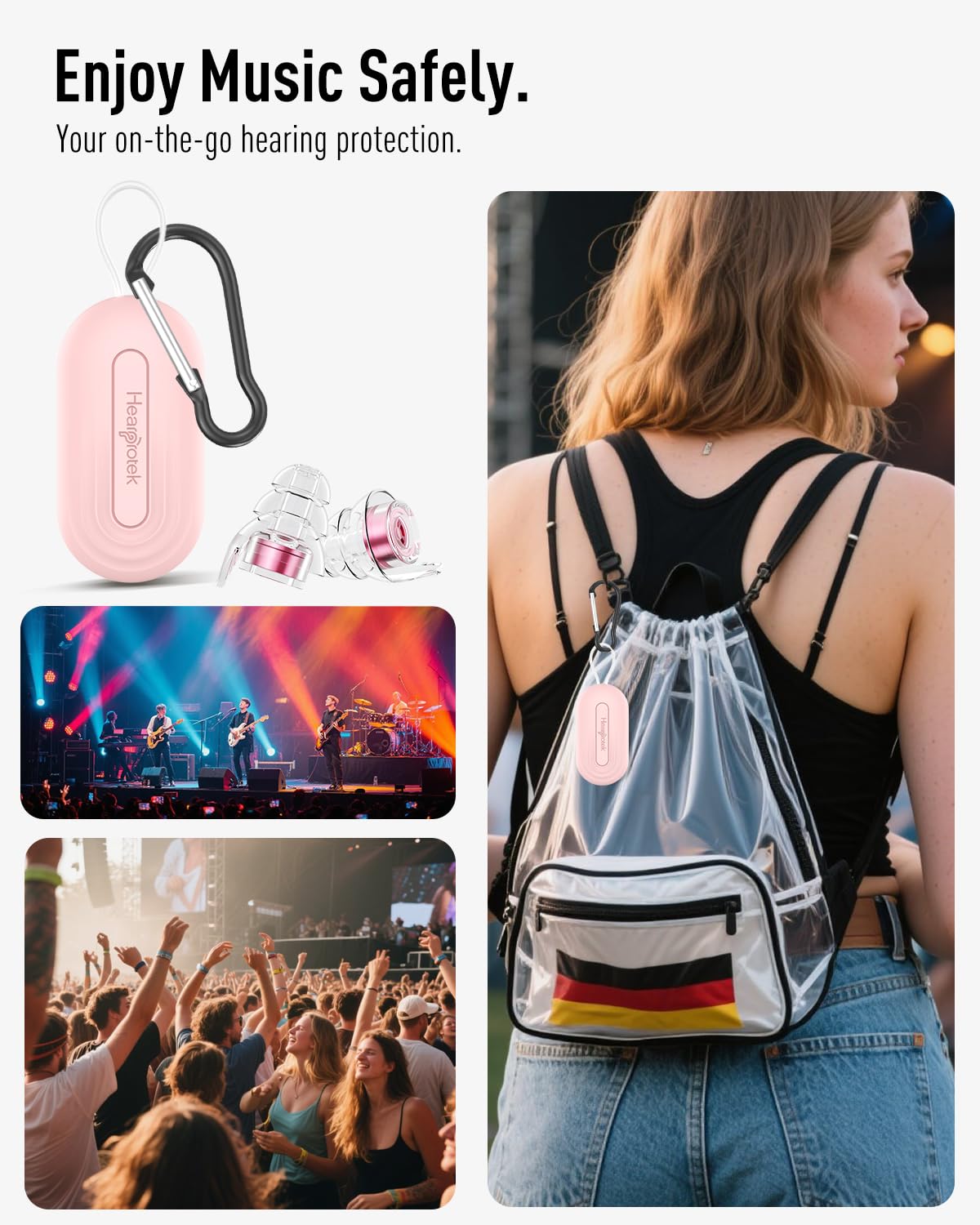 Uso en conciertos y clubes con Hearprotek, reduciendo volumen sin perder claridad.
