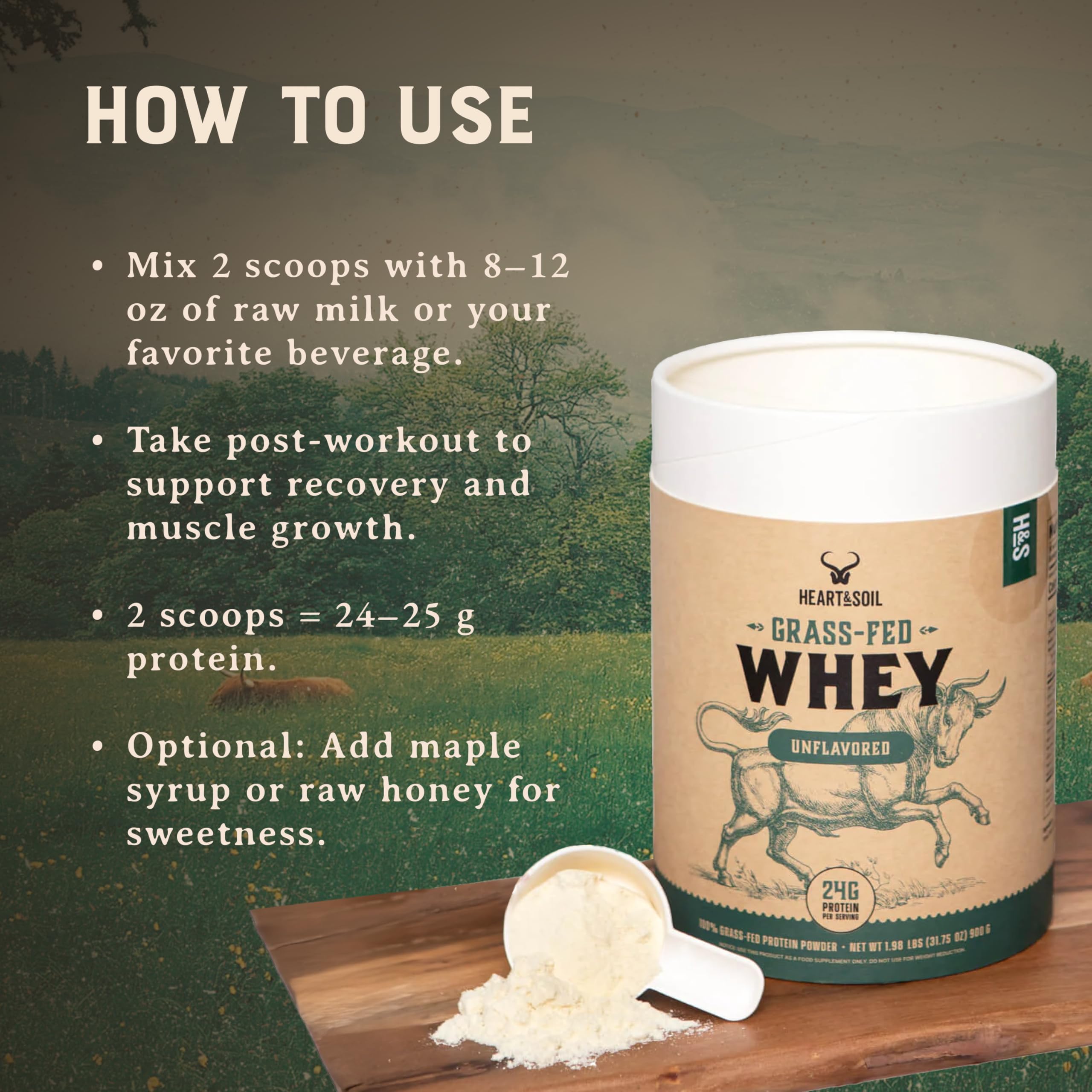 Heart & Soil proteína whey concentrada, certificación NSF para deporte.