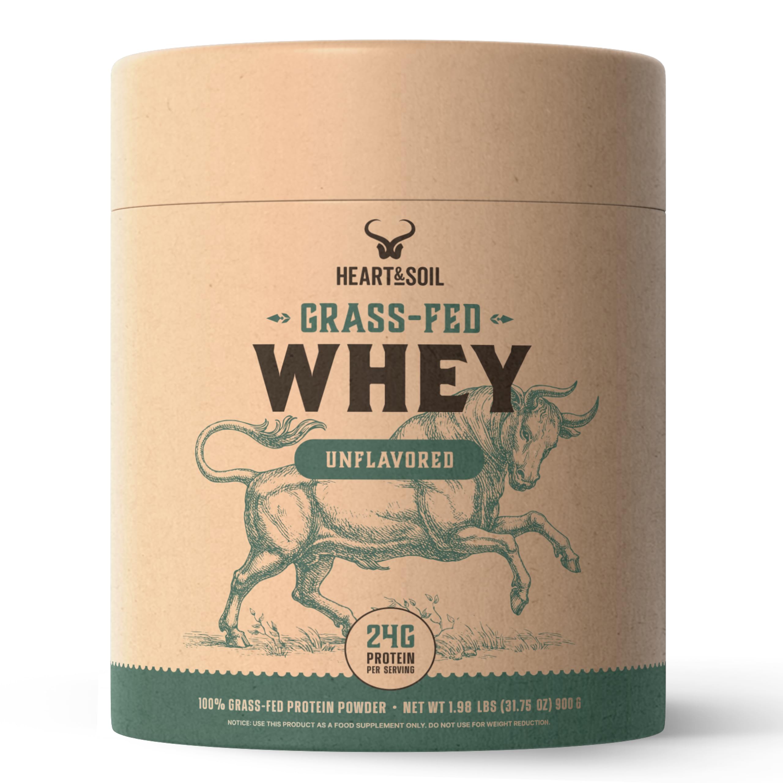 Heart & Soil proteína whey concentrada, cuchara para dosificación rápida.