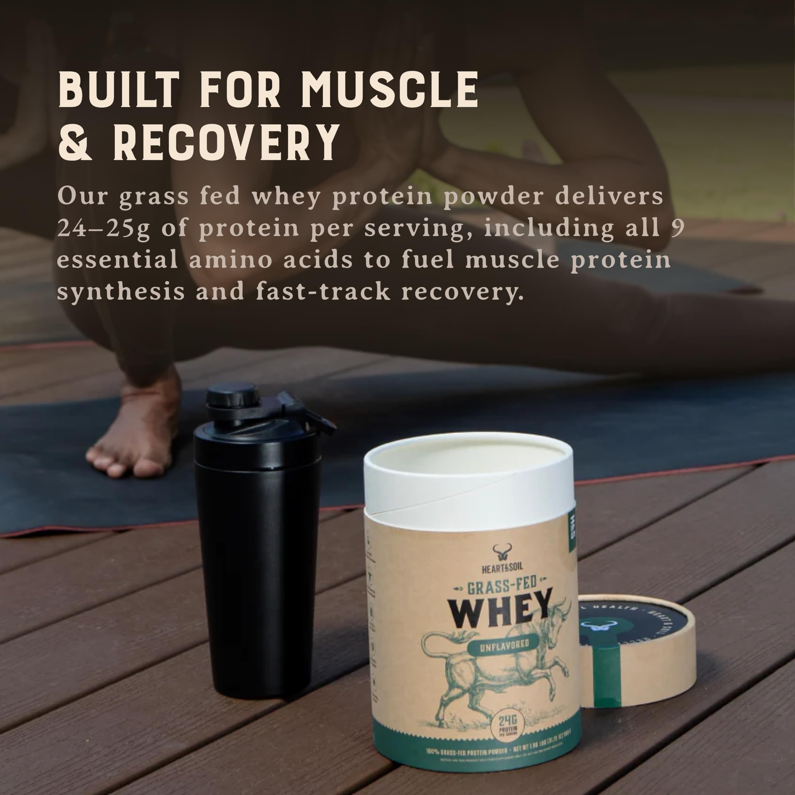 Heart & Soil proteína whey concentrada, envase de 2lb para reservas de proteína.