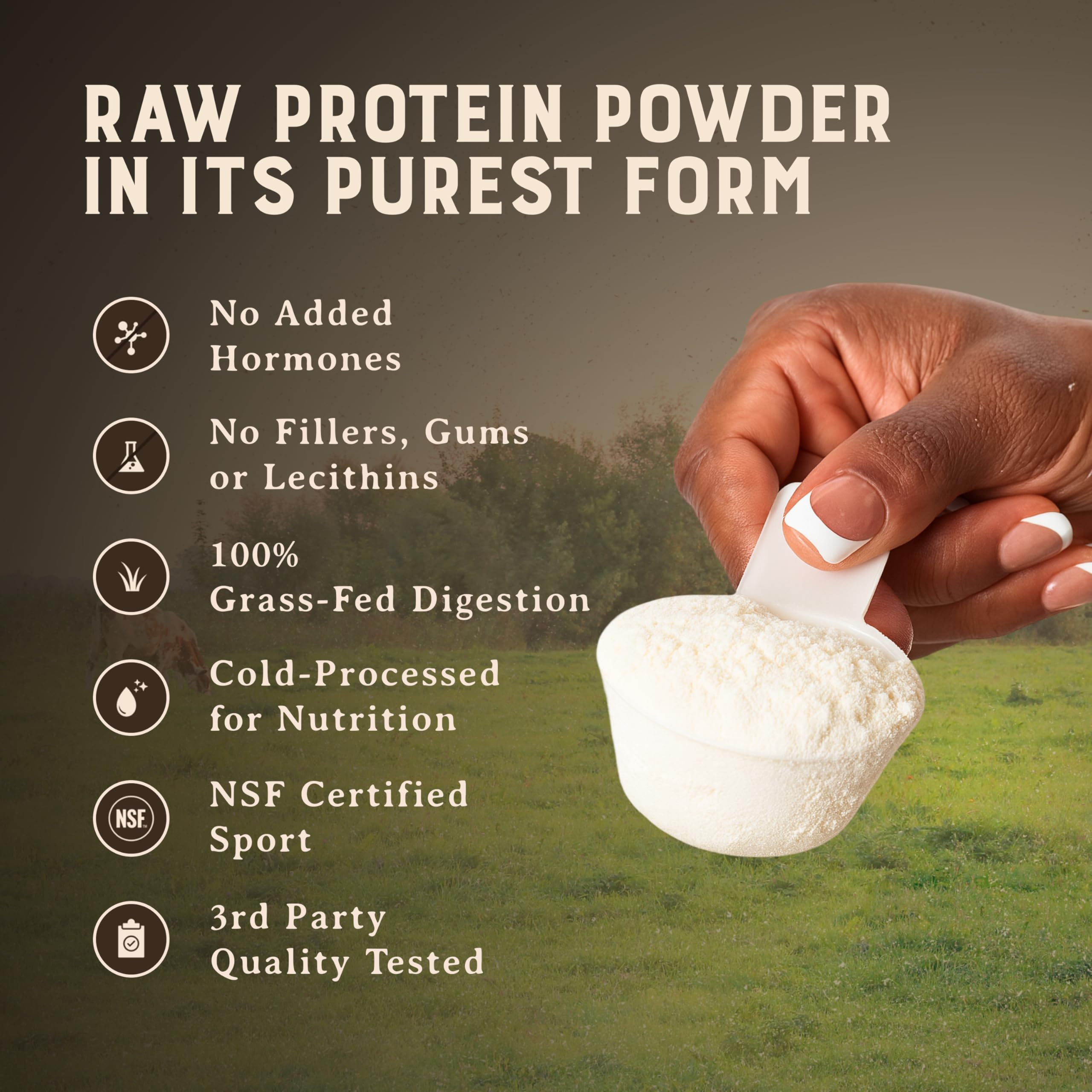 Heart & Soil proteína whey concentrada, textura de polvo para mezclas suaves.