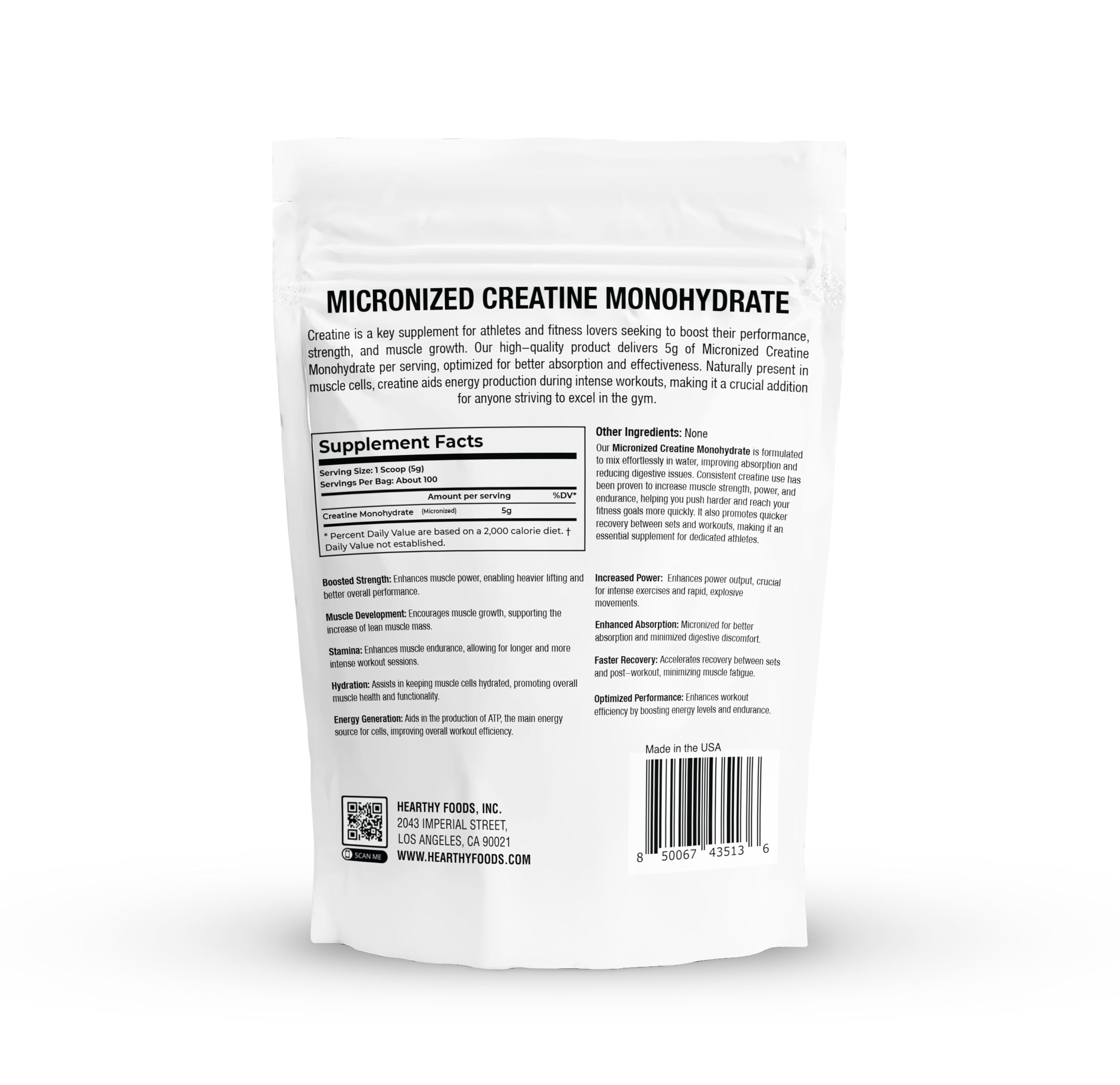 HEARTHY FOODS Creatina Monohidrato micronizado, bolsa de 500 g para sesiones prolongadas.
