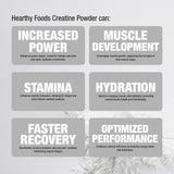 HEARTHY FOODS Creatina Monohidrato micronizado: etiqueta vegana libre de gluten y OGM.