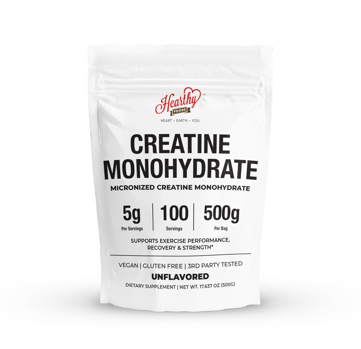 HEARTHY FOODS Creatina Monohidrato micronizado, medidor de porción para dosis diarias en entrenamientos.