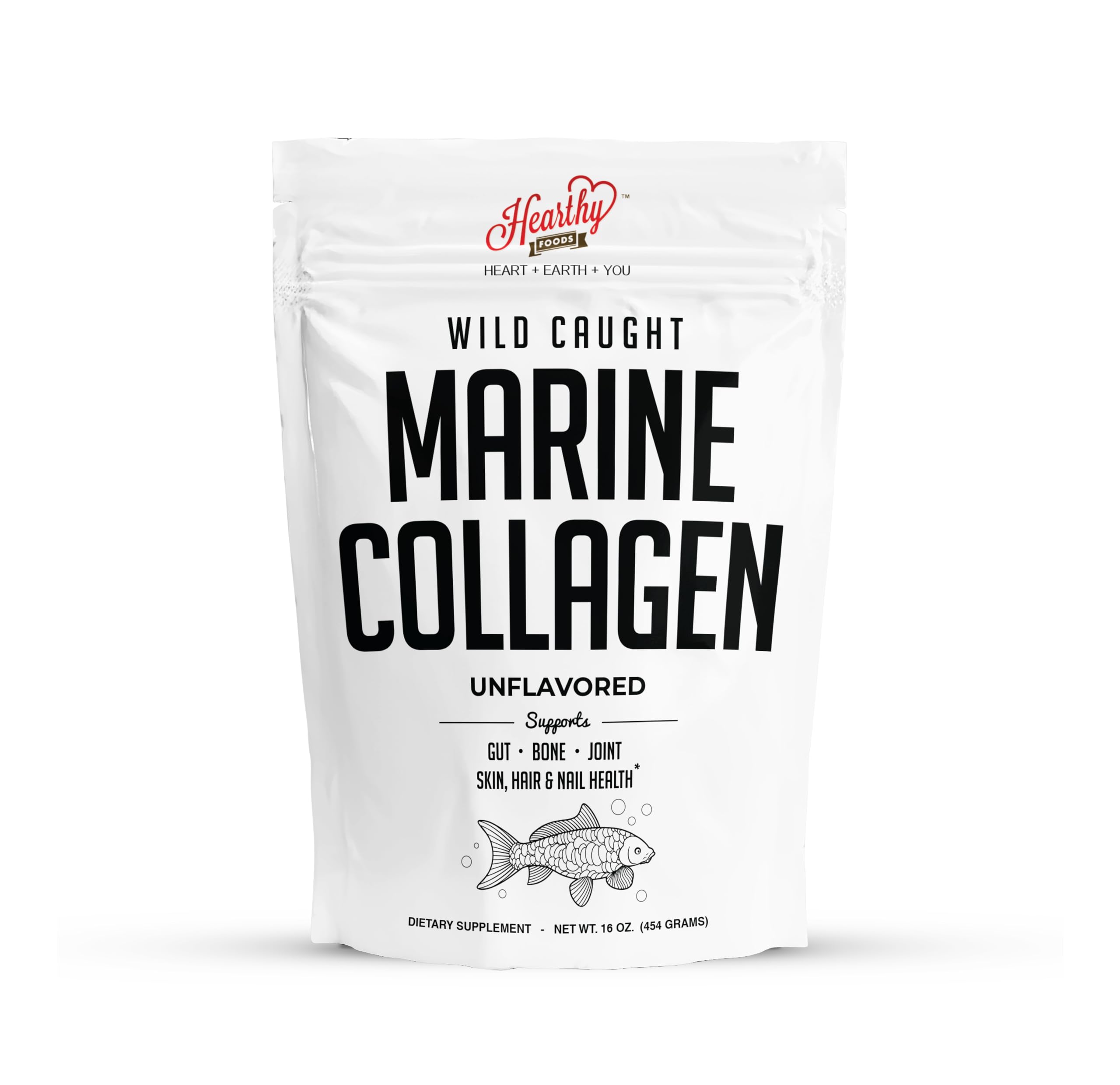 HEARTHY FOODS polvo de colágeno marino en botella, ideal para mezclar en bebidas.