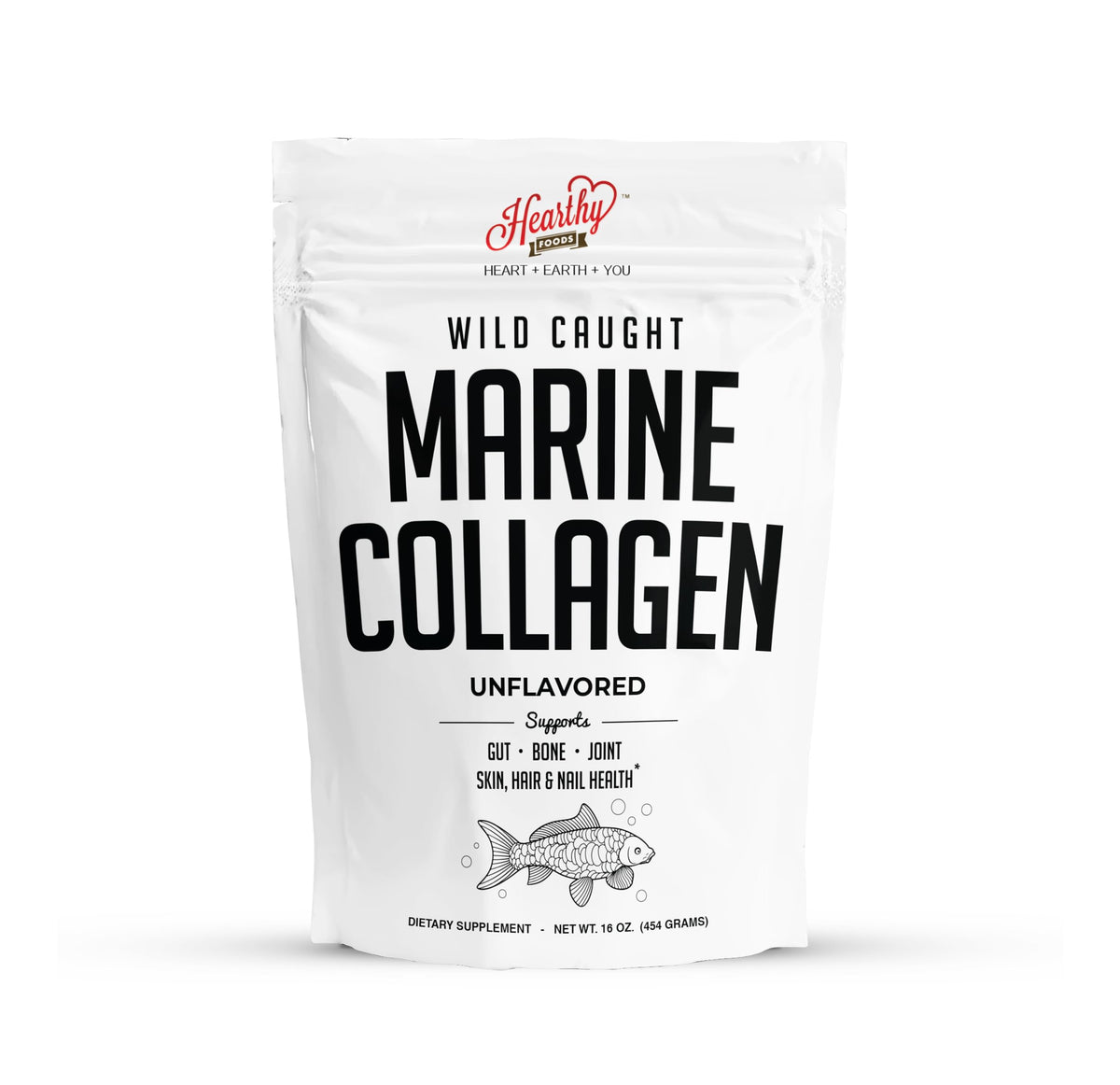 HEARTHY FOODS polvo de colágeno marino en botella, ideal para mezclar en bebidas.