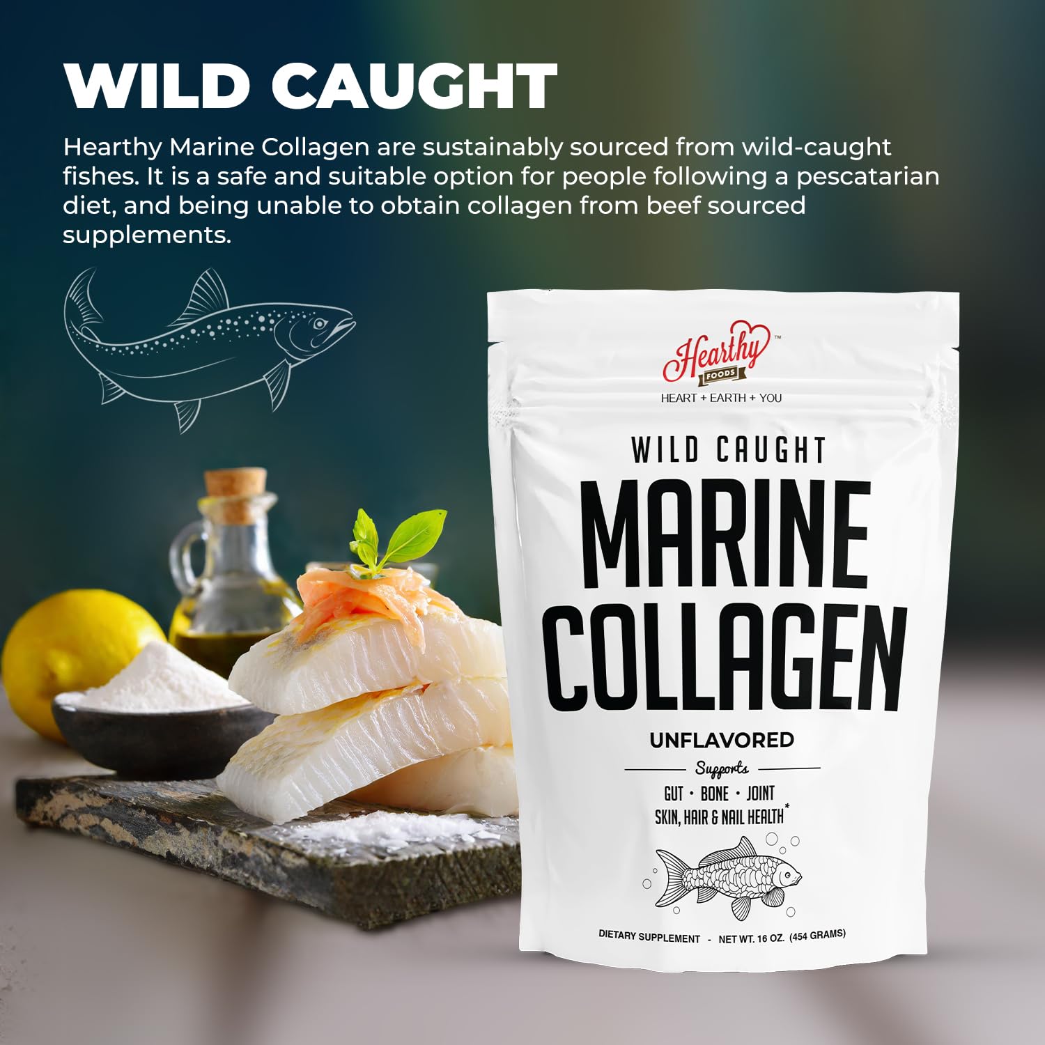 HEARTHY FOODS envase de 32 porciones de colágeno marino de alta calidad.