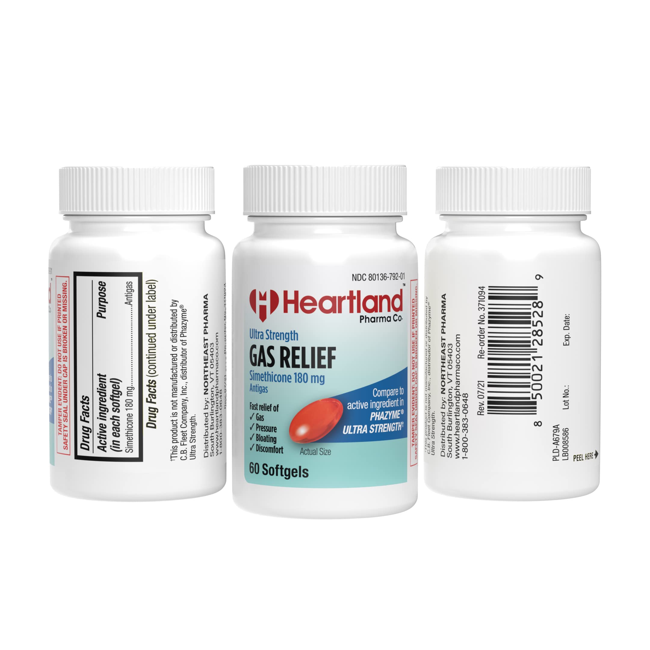 Heartland Pharma Simethicone 180 mg, cápsulas blandas, uso rápido para la hinchazón ocasional.
