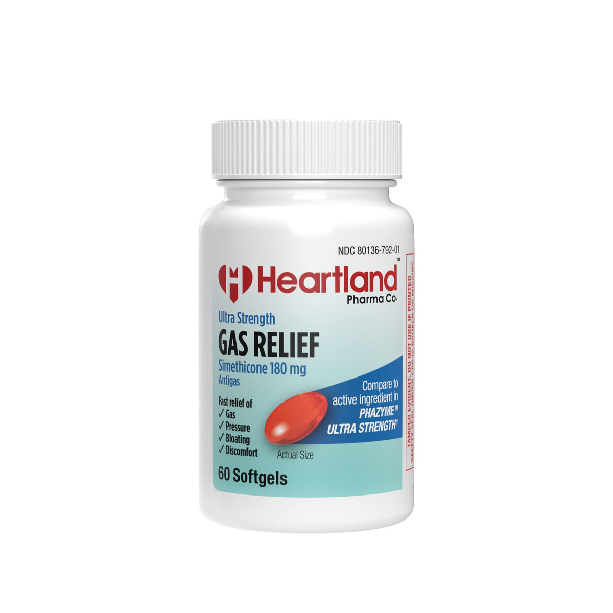 Heartland Pharma Simethicone 180 mg, empaque botella, alivio posible de gases tras las comidas.
