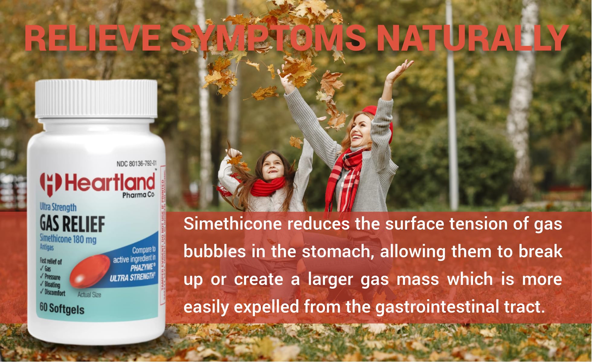 Heartland Pharma Simethicone 180 mg, dosis tras la comida, apoyo cómodo para el malestar digestivo.