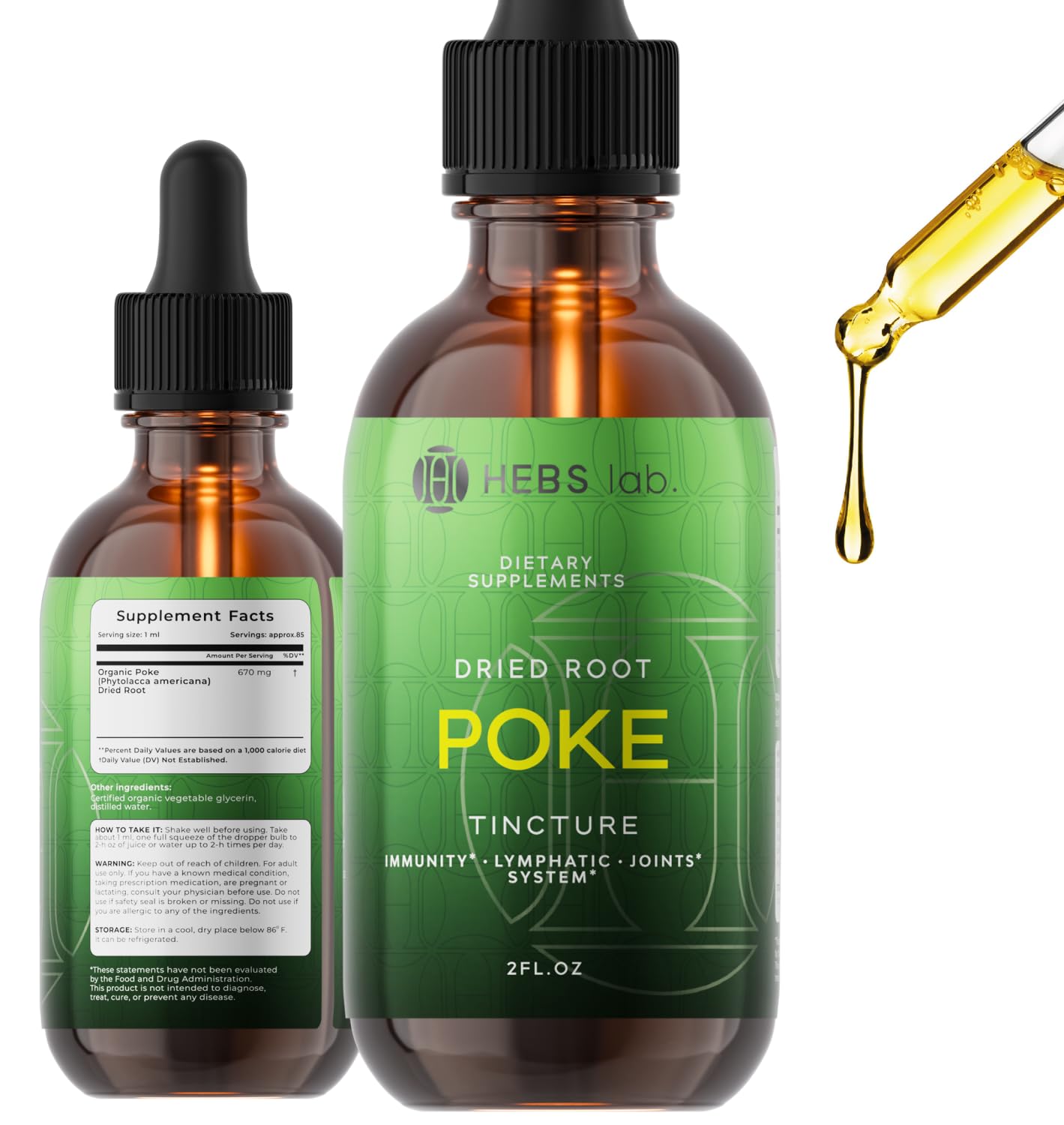 HEBS LAB Poke Raíz Extracto: botella, apoyo inmunitario suave y detox ligero.