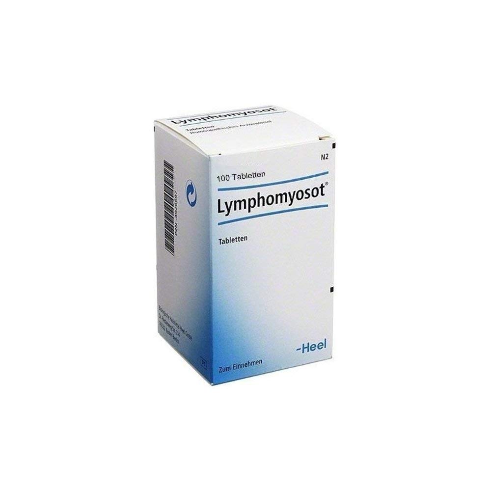Heel/BHI Lymphomyosot, frasco de tabletas, dosis ajustables según indicación clínica.