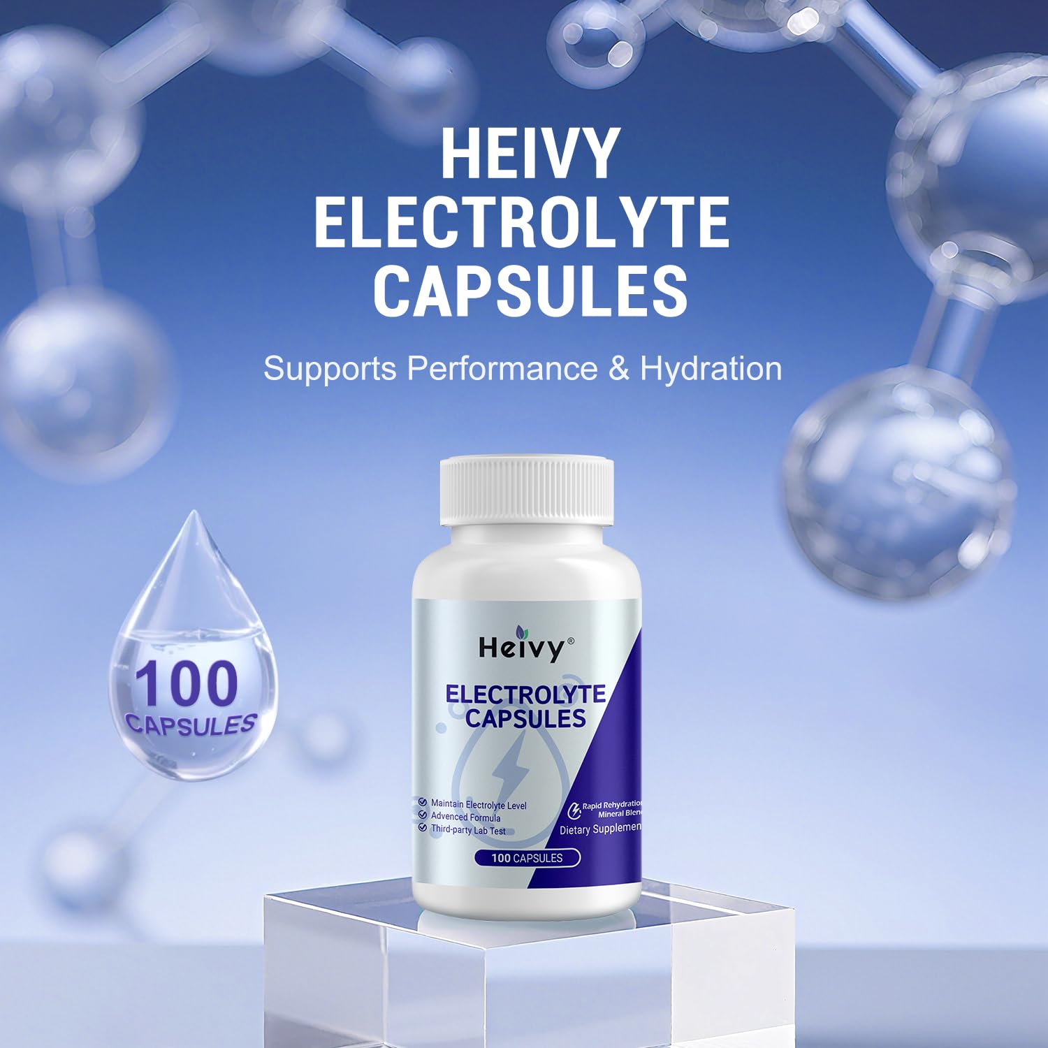 Heivy cápsulas de minerales para hidratación y balance hídrico.