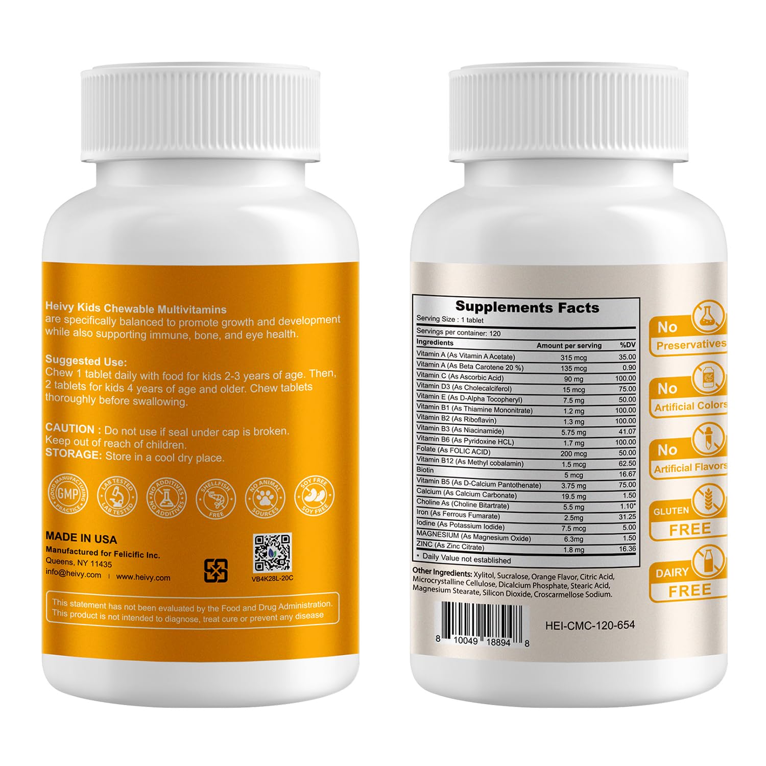 Heivy multivitamínico infantil, primer plano de tabletas masticables.