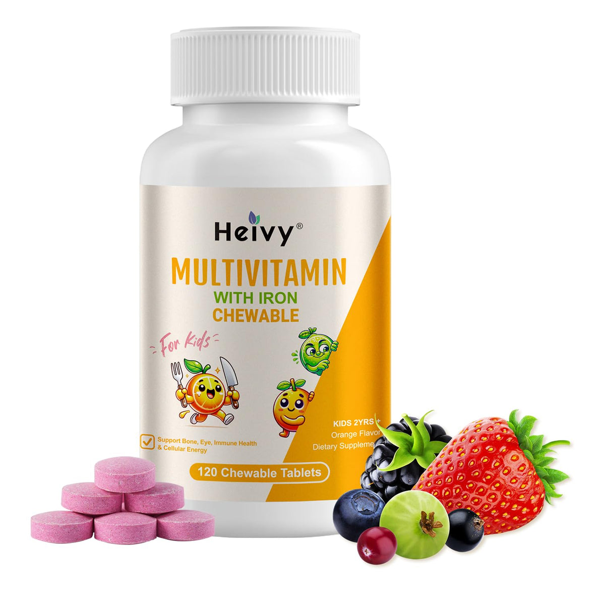 Heivy multivitamínico infantil, empaque visible para crecimiento saludable.