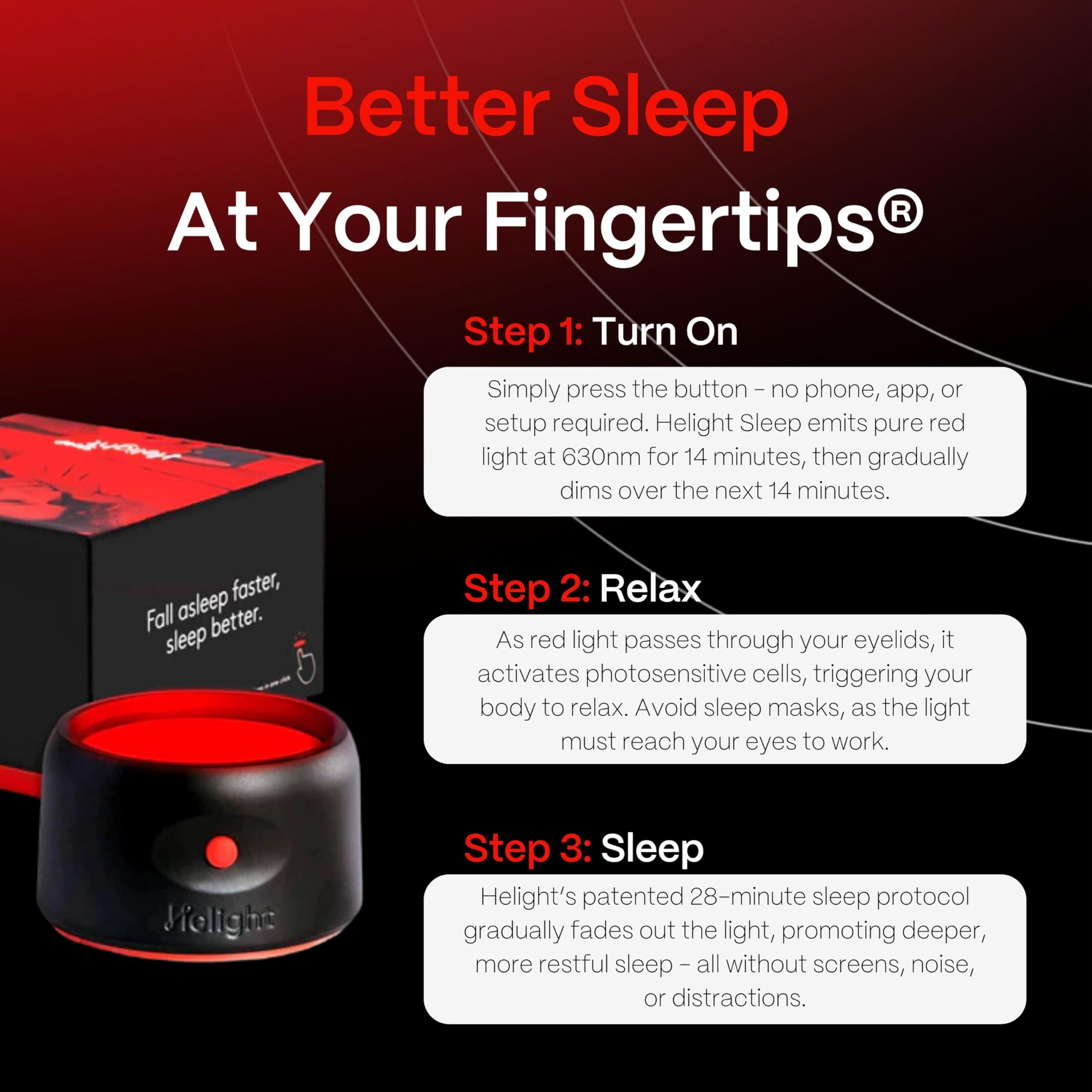 Helight uso facil en cama encendida para relajar y dormir.