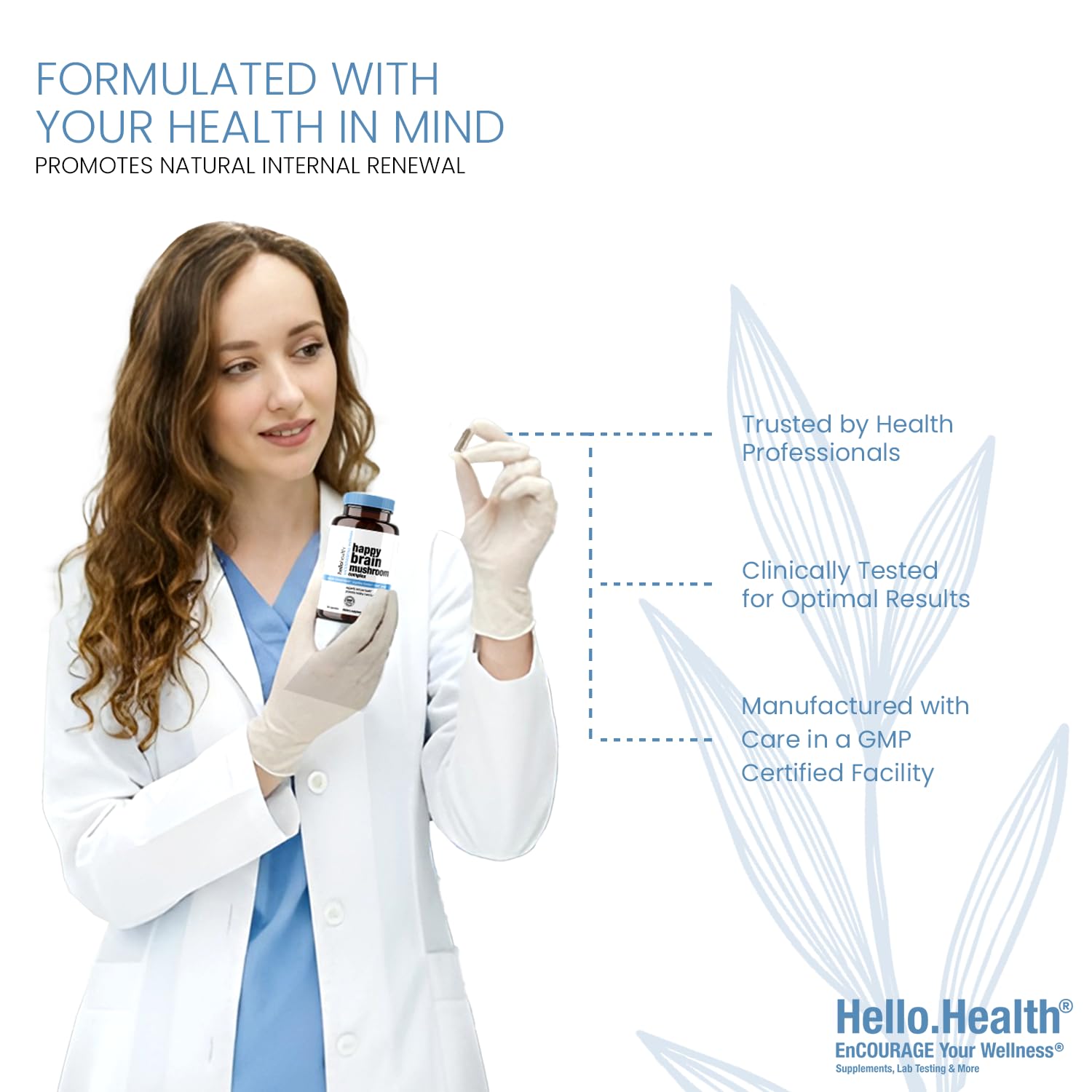HELLO HEALTH Happy Brain: enfoque en variedades de hongo para energía sostenida sin cafeína.