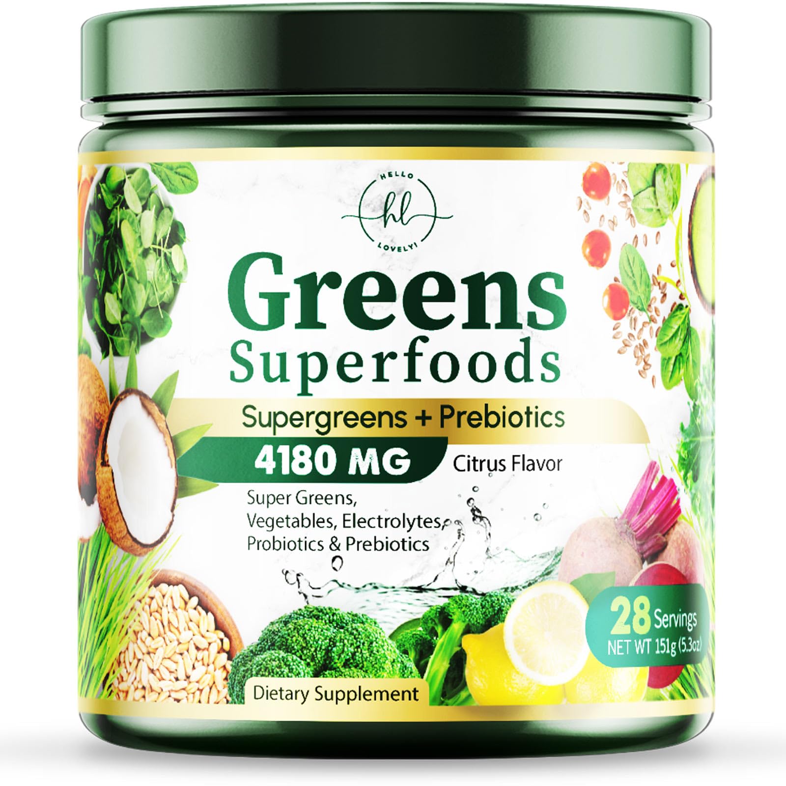 Hello Lovely! Polvo superalimento verde, ingredientes clave para el bienestar diario.