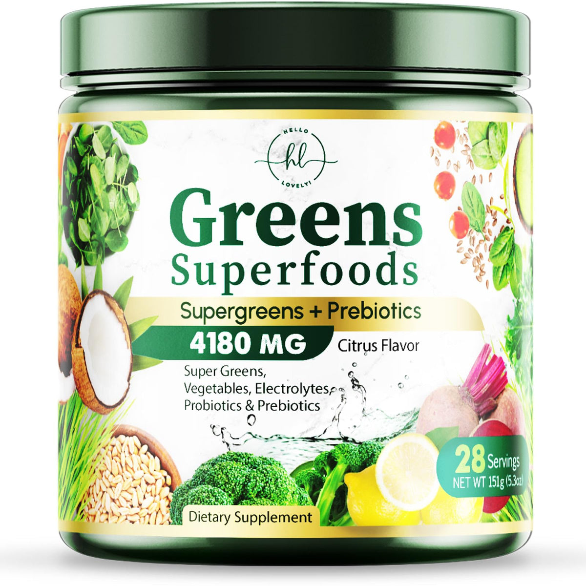 Hello Lovely! Polvo superalimento verde, ingredientes clave para el bienestar diario.