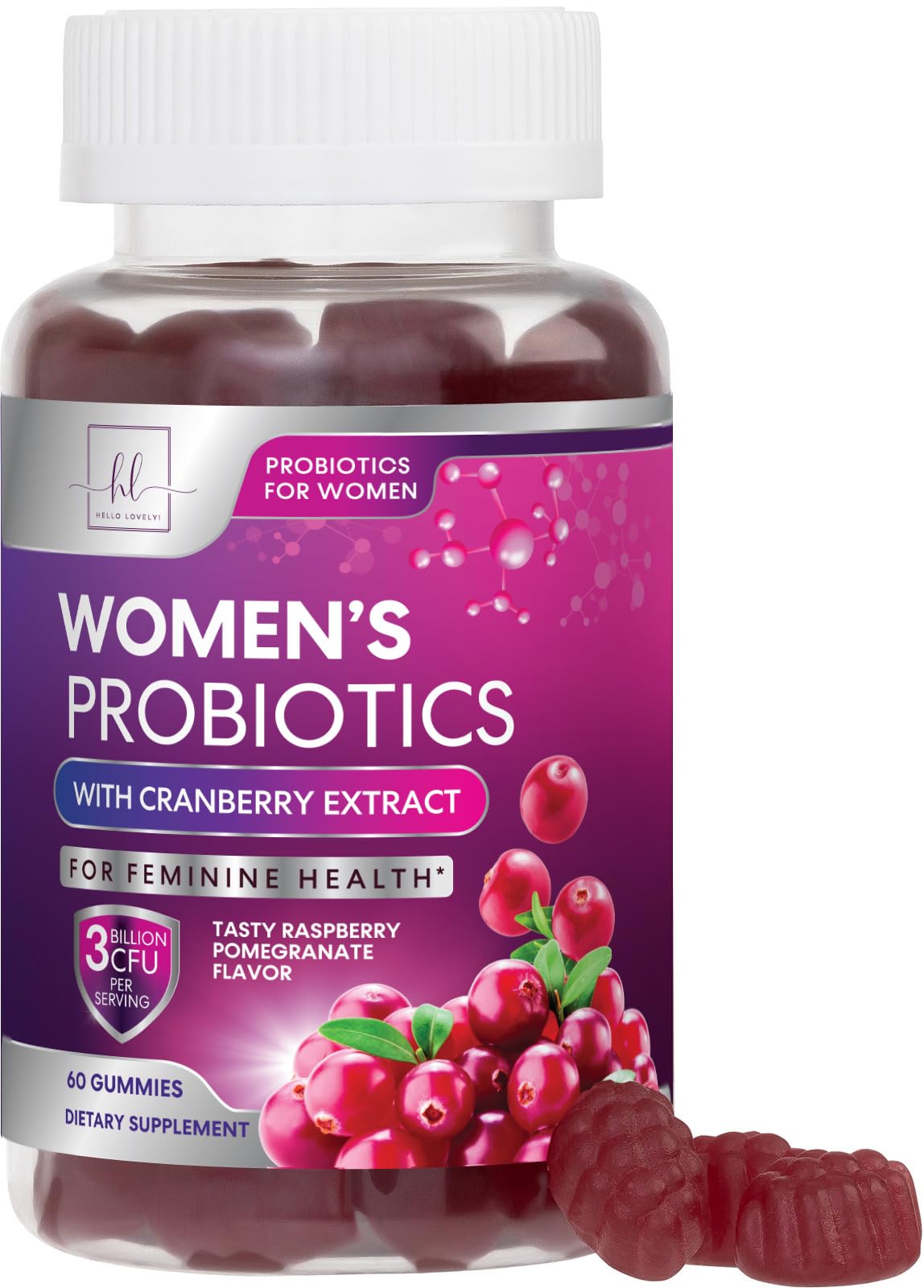 Hello Lovely probioticos mujeres: gominas de arandano para apoyo digestivo agradable.
