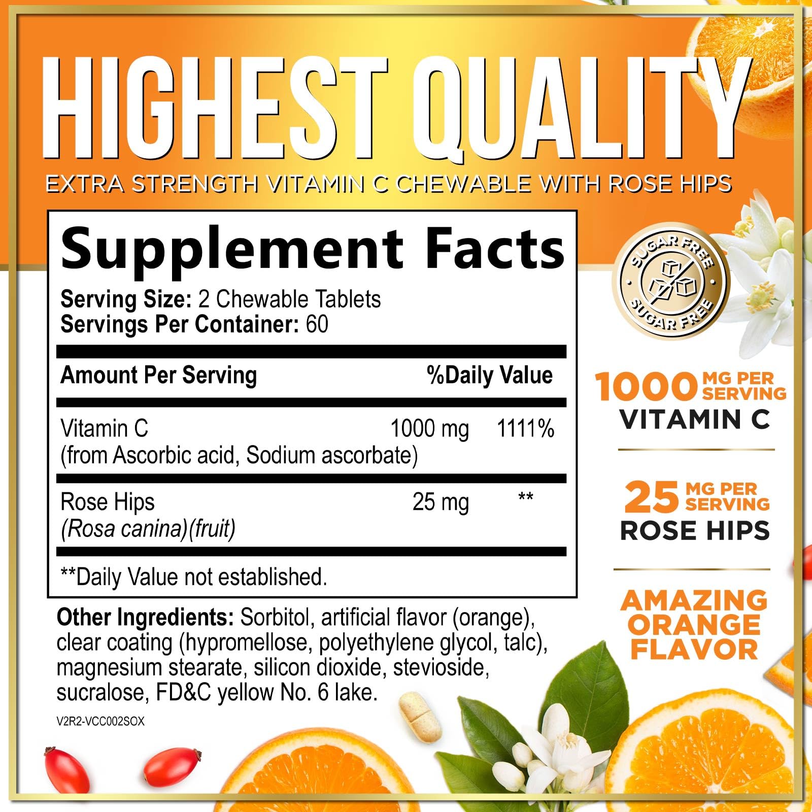 Hello Lovely Vitamina C 1000 mg, envase abierto, tabletas masticables fáciles de tomar sin azúcar.