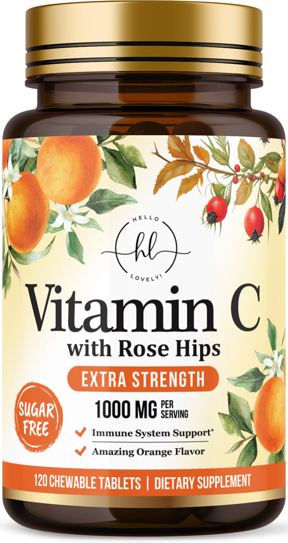 Hello Lovely Vitamina C 1000 mg, frasco frontal, apoyo diario para la inmunidad potencial.
