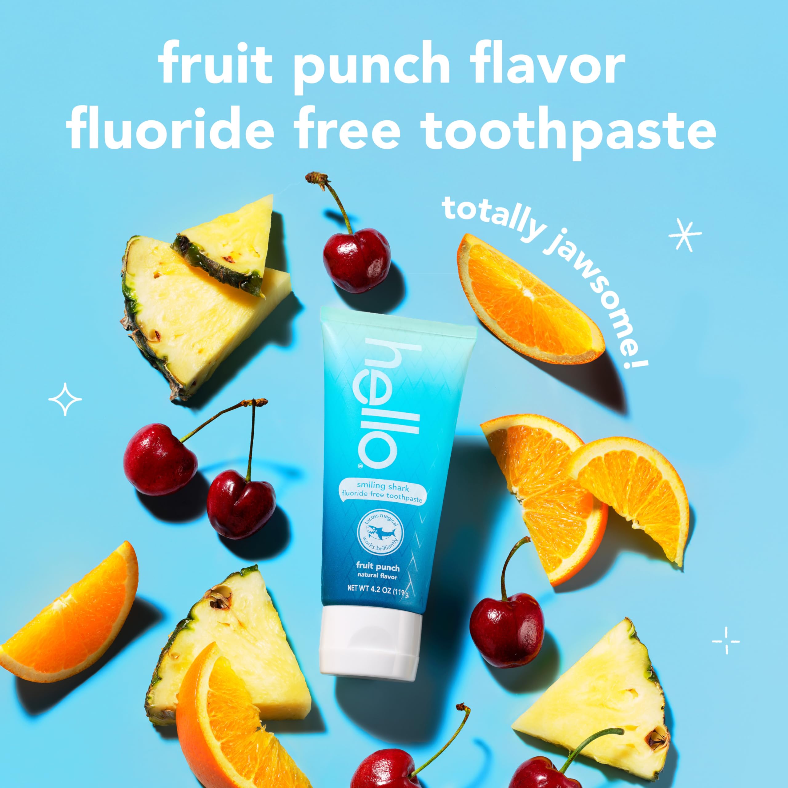 Tubo Hello Smiling Shark sin fluoruro para uso infantil, con sabor fruta natural