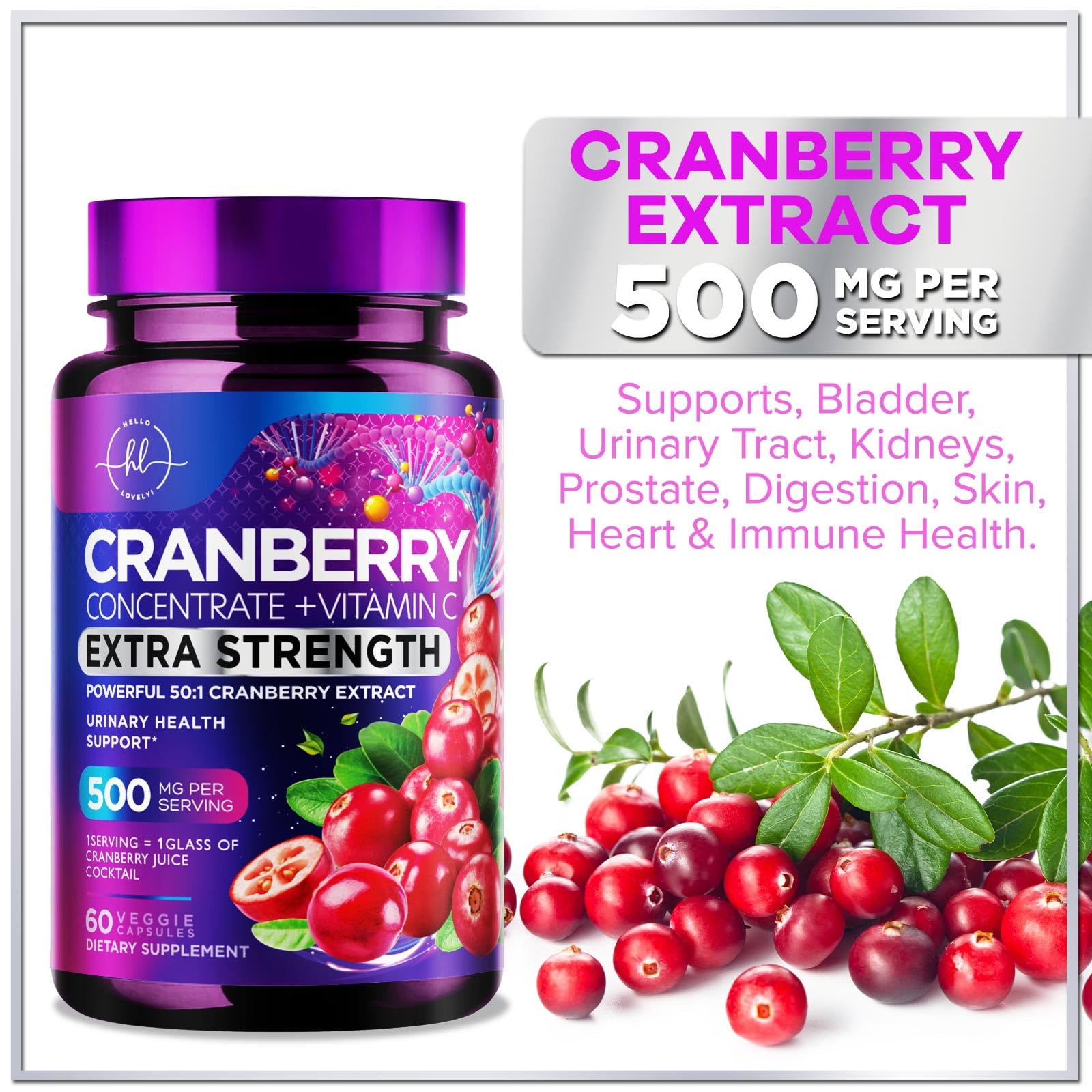 Hello Lovely Cranberry Extract, cápsulas en blister, fácil de tomar en la rutina diaria.