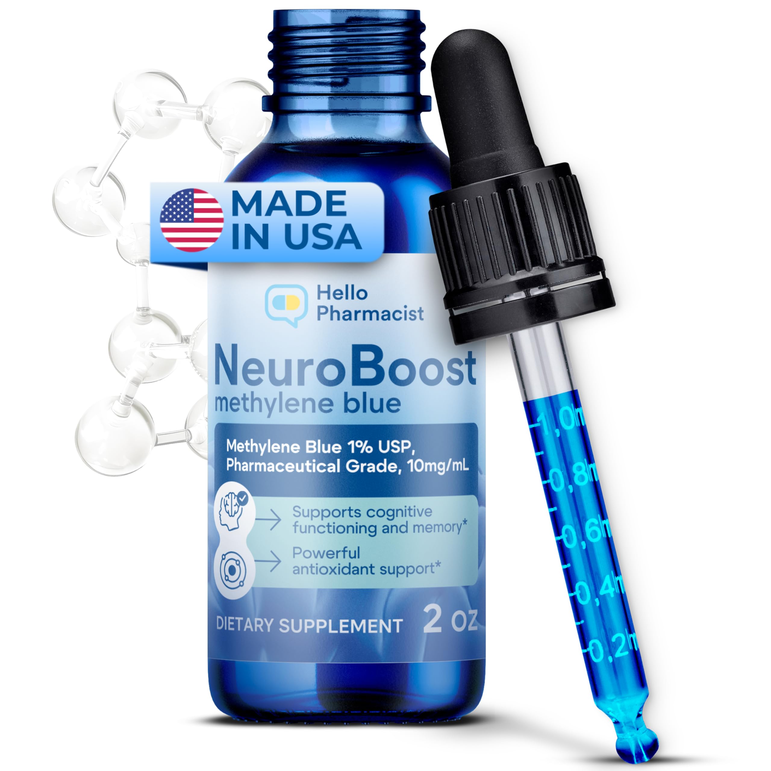 HelloPharmacist Neuroboost botella gotero para dosis precisa y enfoque sostenido.